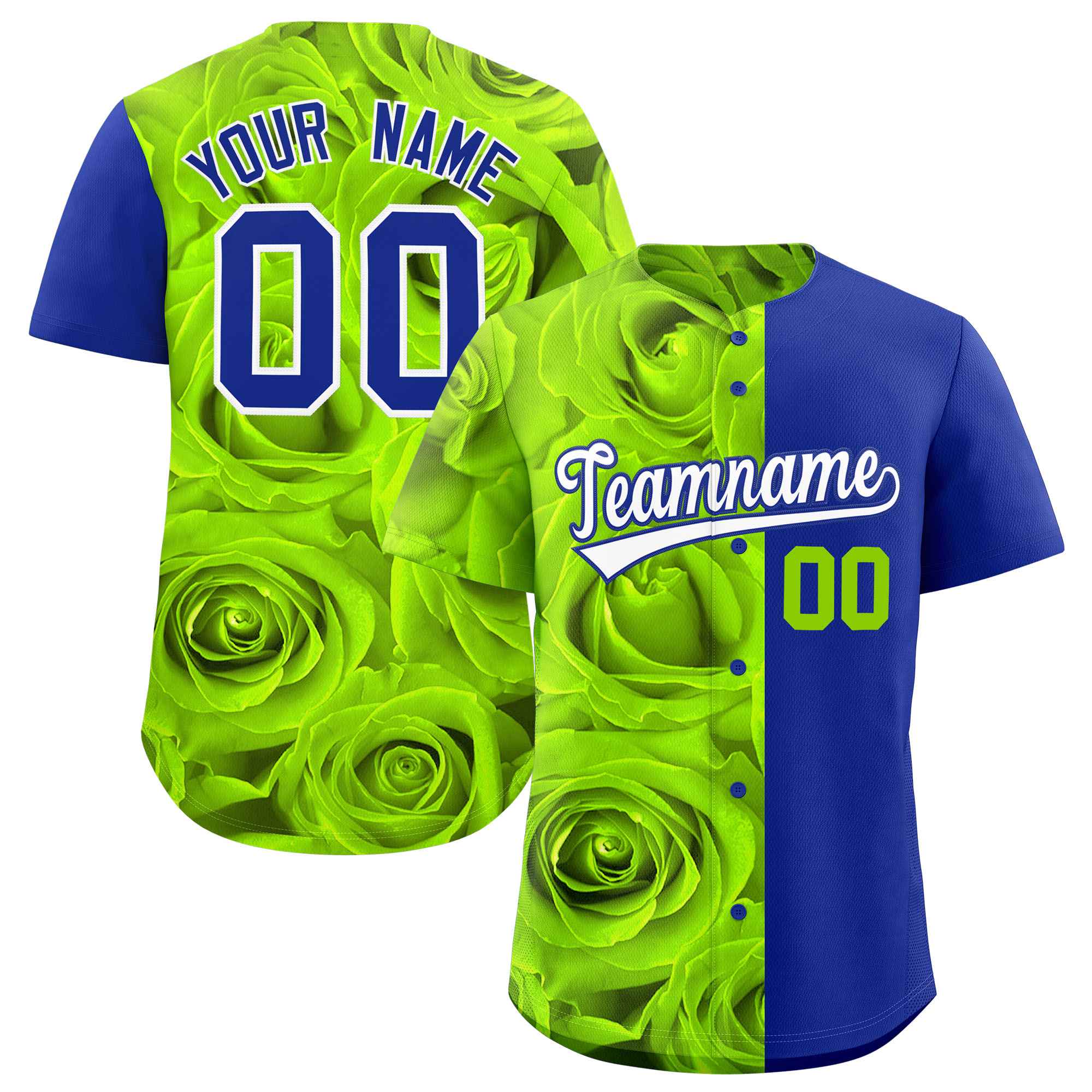 Custom Neon Green Royal Split Rose Print Authentic Baseball Jersey| KXKSHOP