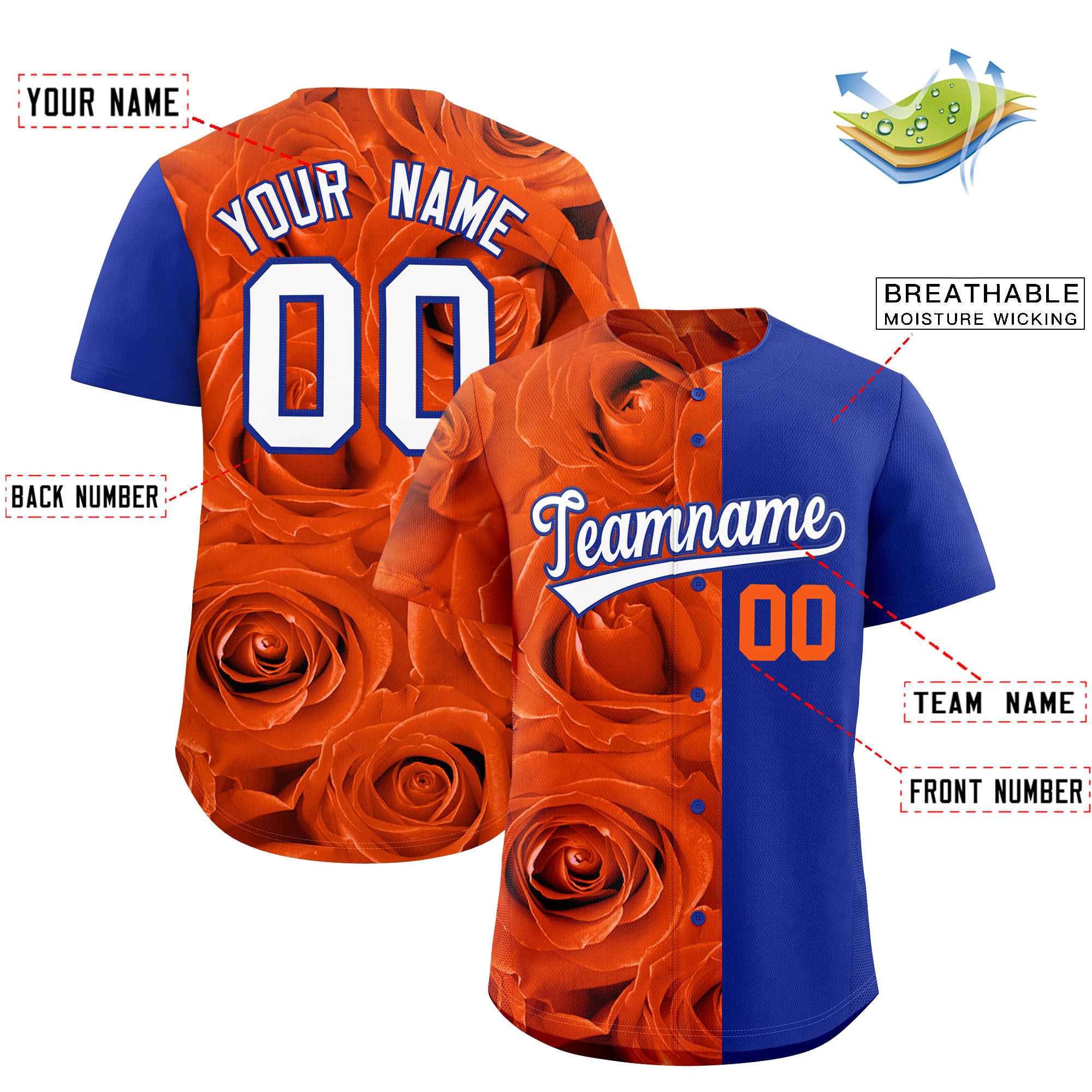 Custom Orange Royal Split Rose Print Authentic Baseball Jersey| KXKSHOP