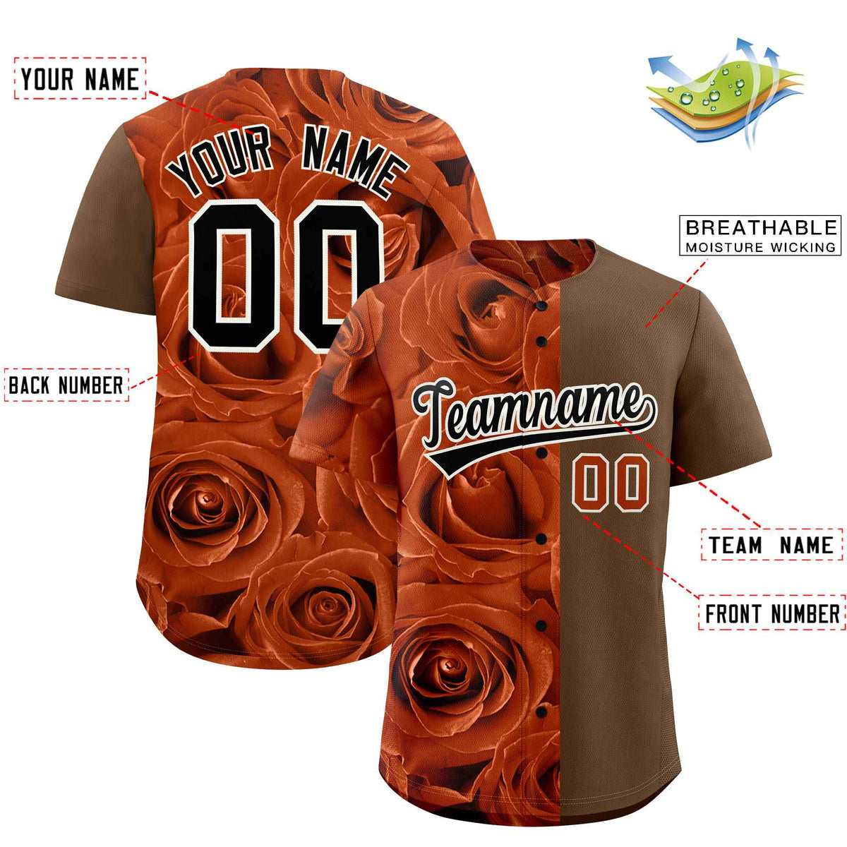 Custom Texas Orange Light Brown Split Rose Print Authentic Baseball Jersey| KXKSHOP