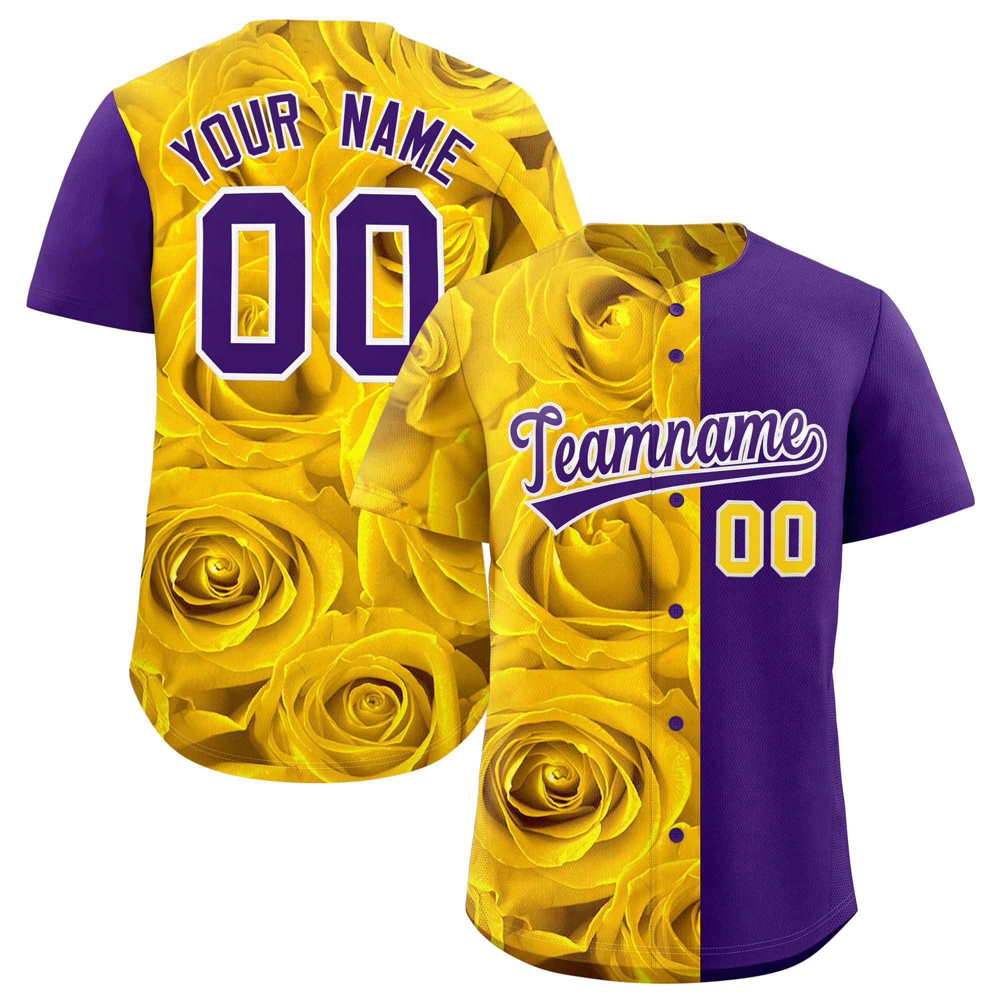 Custom Gold Purple Split Rose Print Authentic Baseball Jersey| KXKSHOP