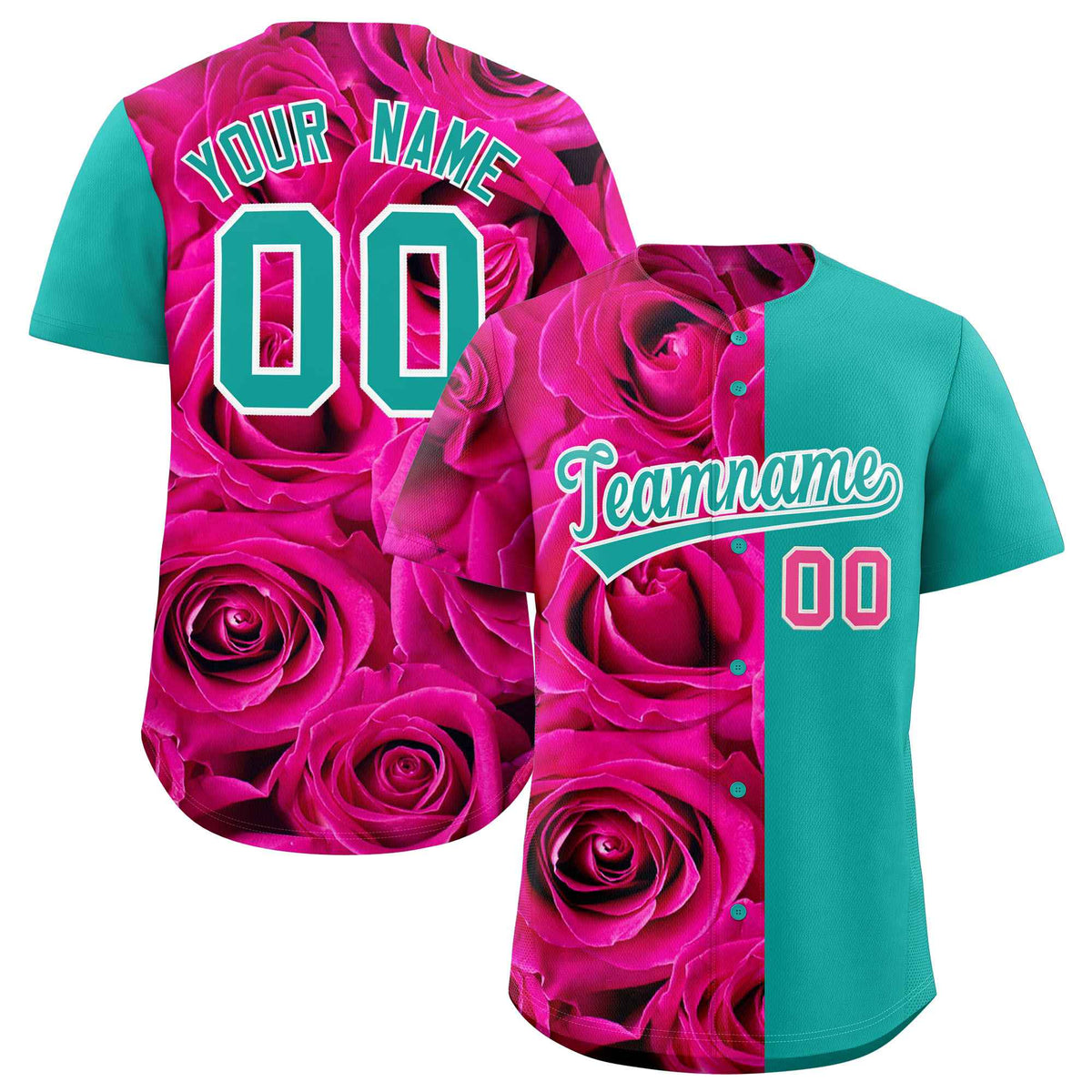 Custom Pink Aqua Split Rose Print Authentic Baseball Jersey| KXKSHOP