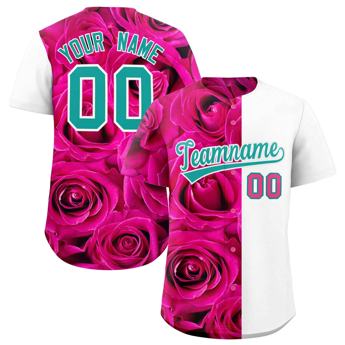 Custom Pink White Split Rose Print Authentic Baseball Jersey| KXKSHOP