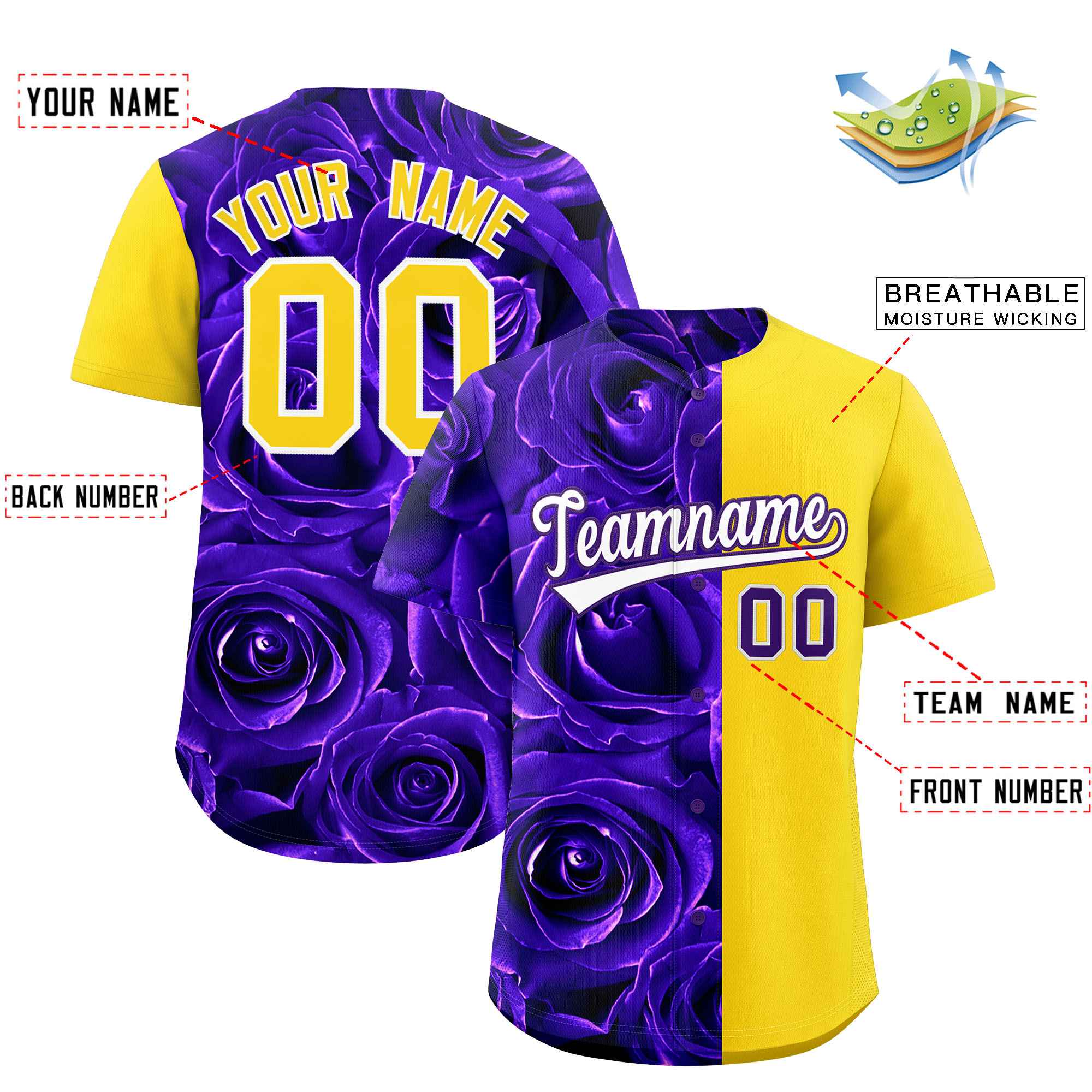 Custom Purple Gold Split Rose Print Authentic Baseball Jersey| KXKSHOP