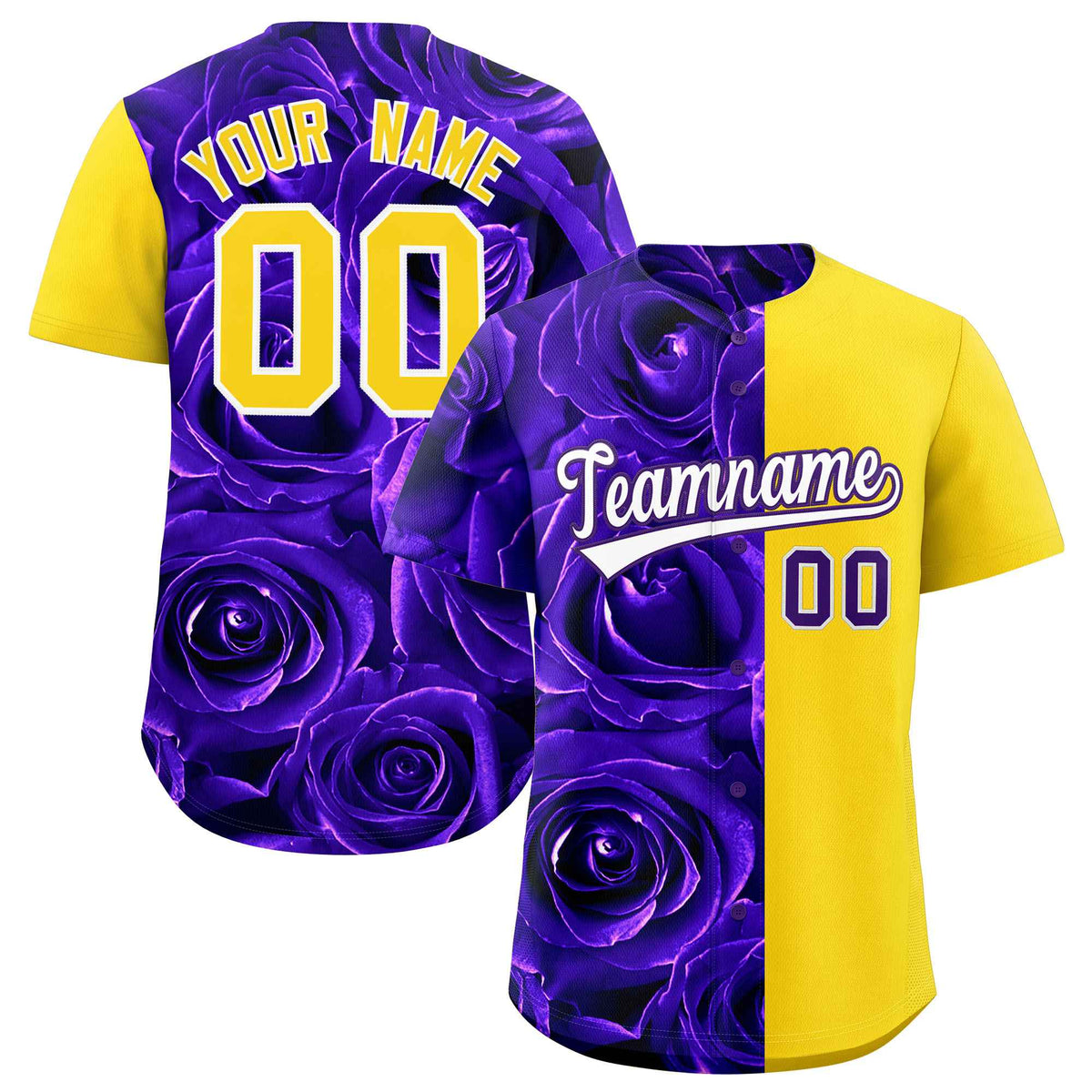 Custom Purple Gold Split Rose Print Authentic Baseball Jersey| KXKSHOP