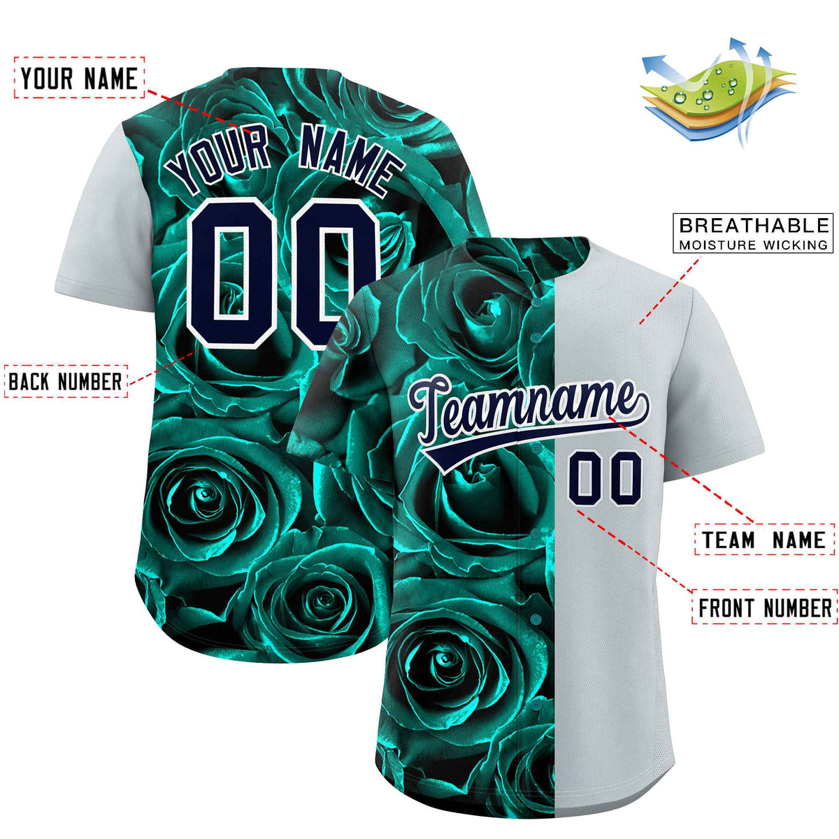 Custom Aqua Silver Split Rose Print Authentic Baseball Jersey| KXKSHOP