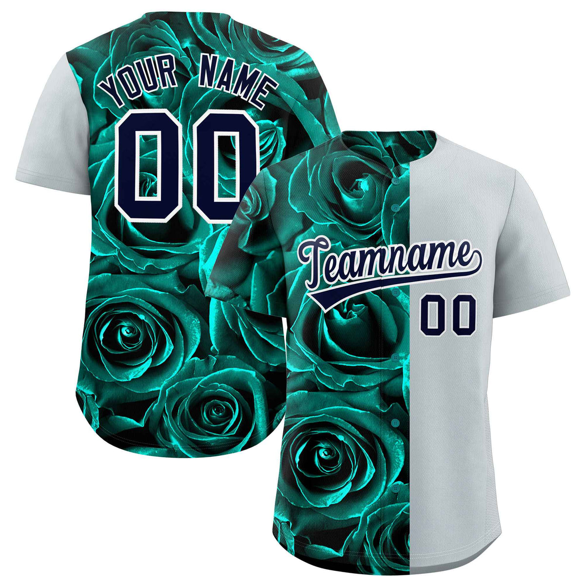 Custom Aqua Silver Split Rose Print Authentic Baseball Jersey| KXKSHOP