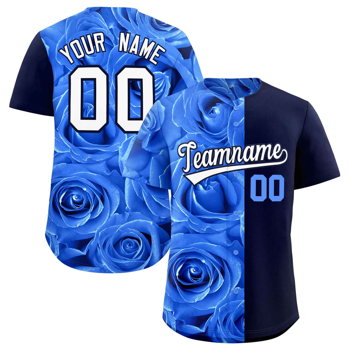 Custom Powder Blue Navy Split Rose Print Authentic Baseball Jersey| KXKSHOP