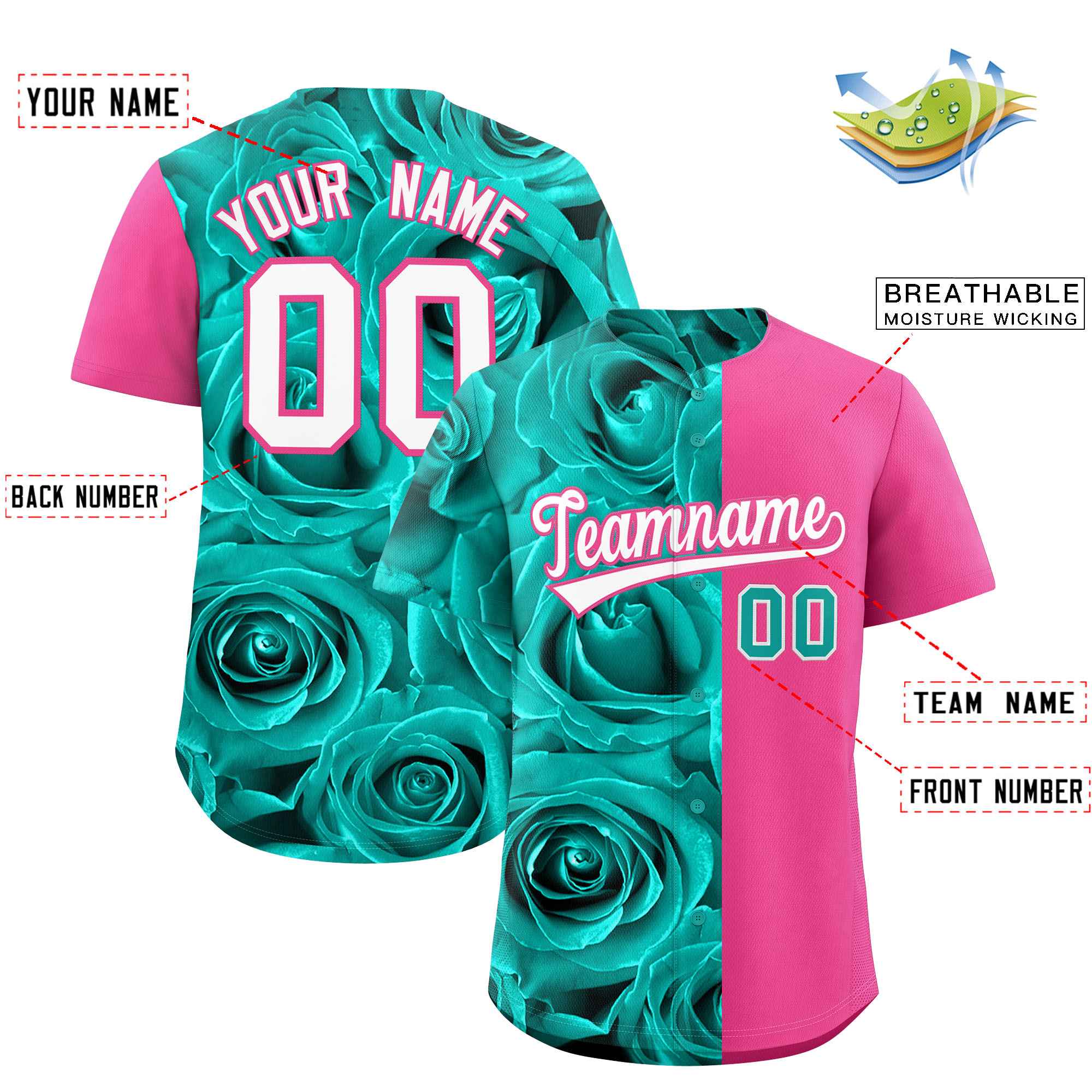 Custom Aqua Pink Split Rose Print Authentic Baseball Jersey| KXKSHOP