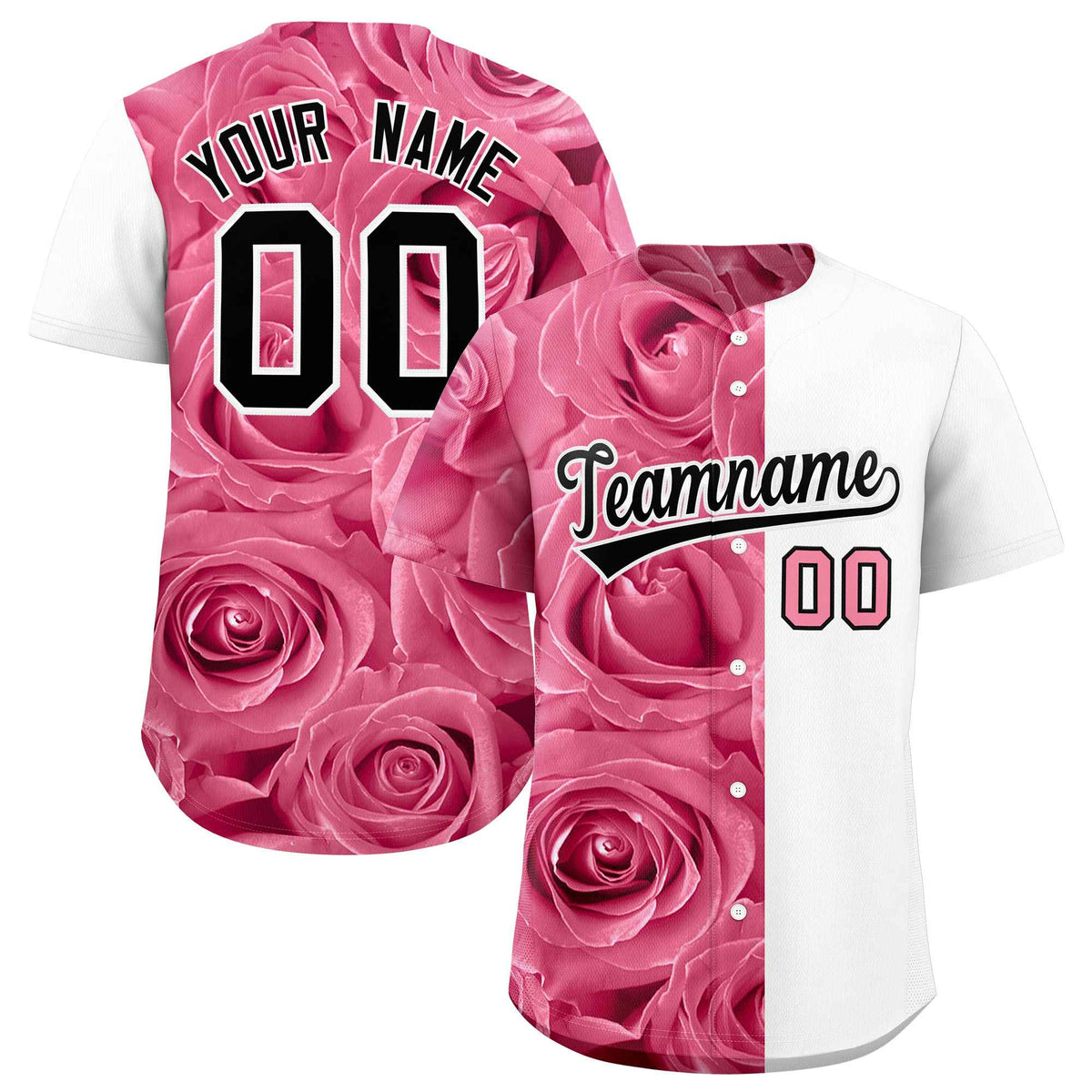 Custom Light Pink White Split Rose Print Authentic Baseball Jersey| KXKSHOP