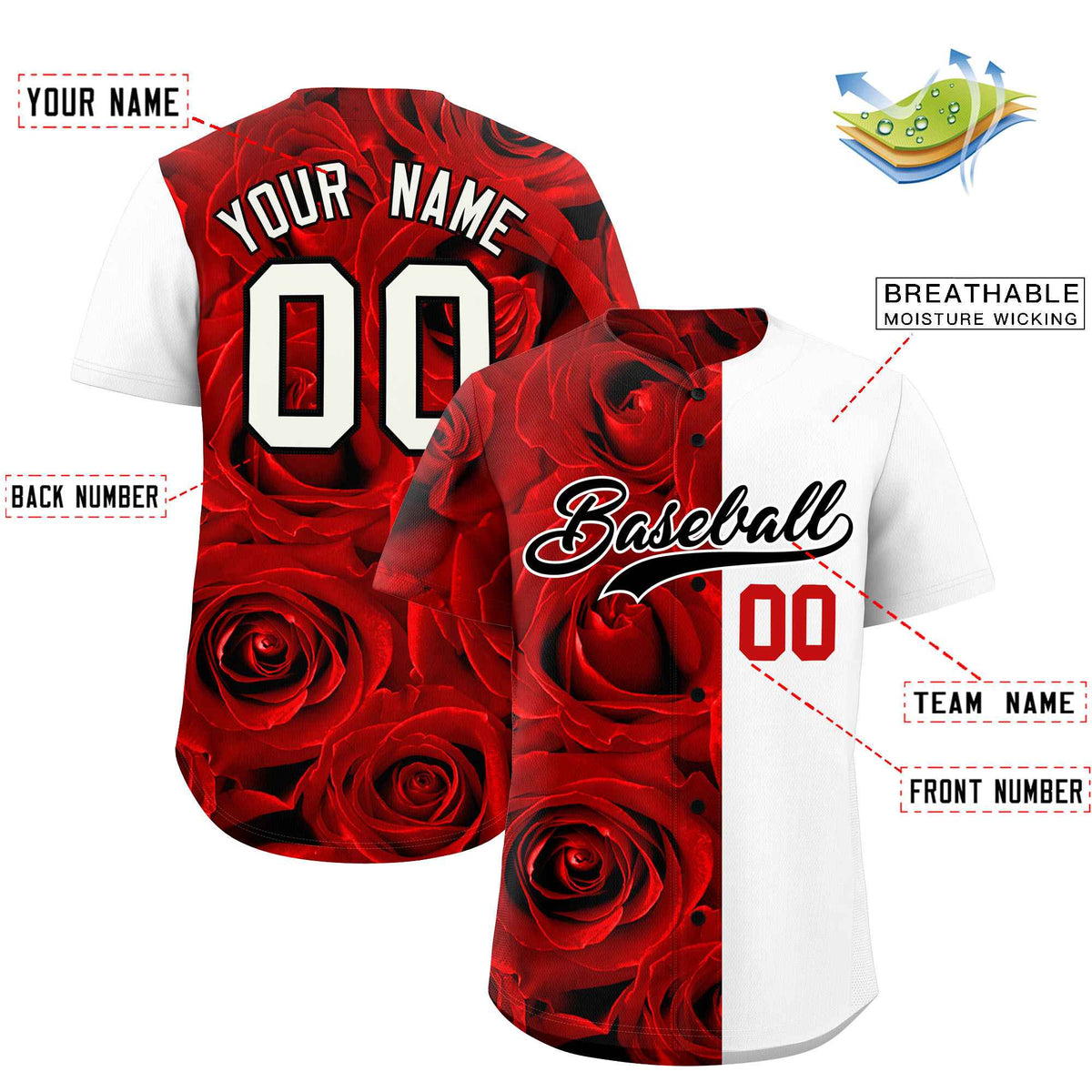 Custom Red White Split Rose Print Authentic Baseball Jersey| KXKSHOP