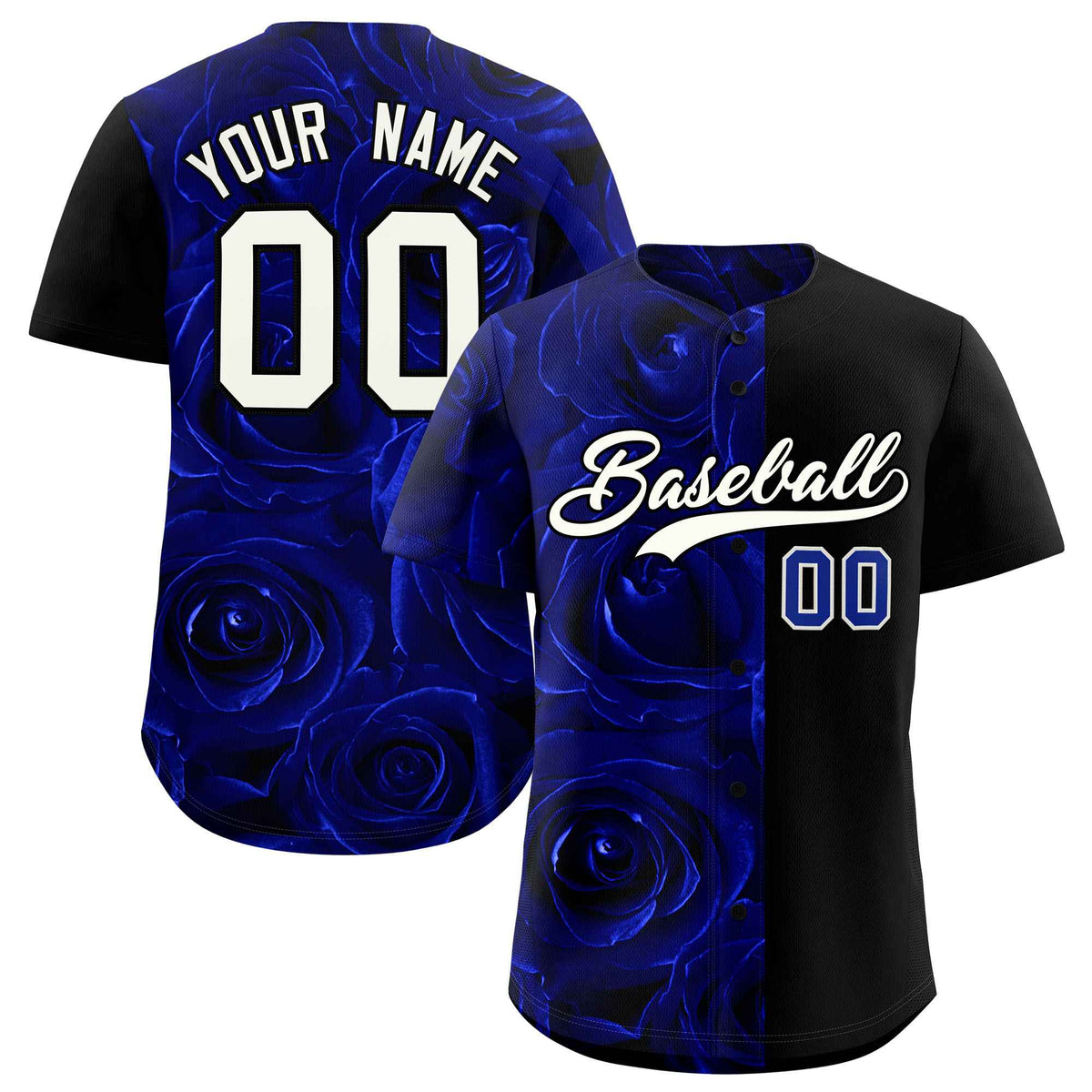 Custom Royal Black Split Rose Print Authentic Baseball Jersey| KXKSHOP
