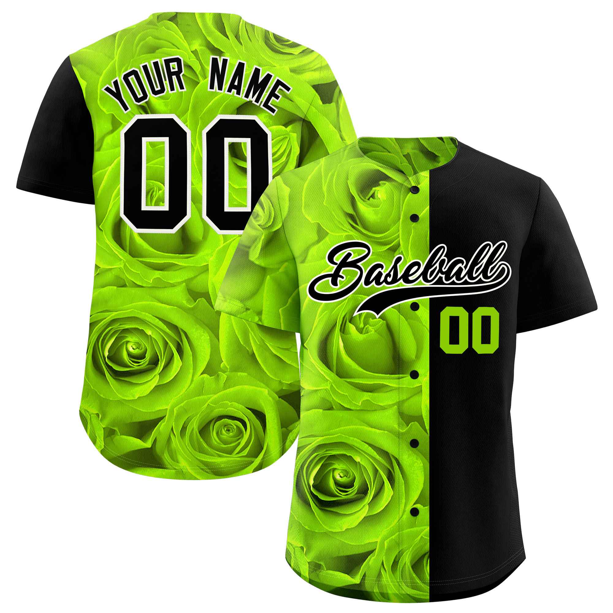 Custom Neon Green Black Split Rose Print Authentic Baseball Jersey| KXKSHOP