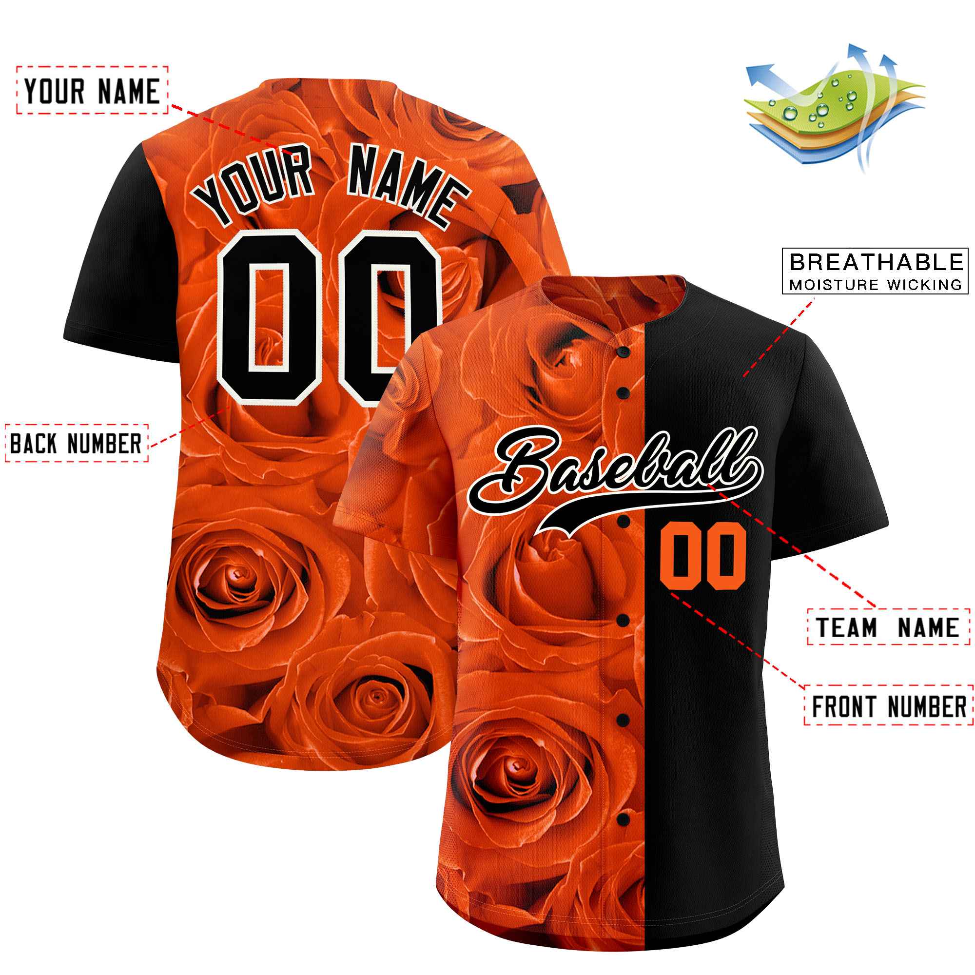 Custom Orange Black Split Rose Print Authentic Baseball Jersey| KXKSHOP