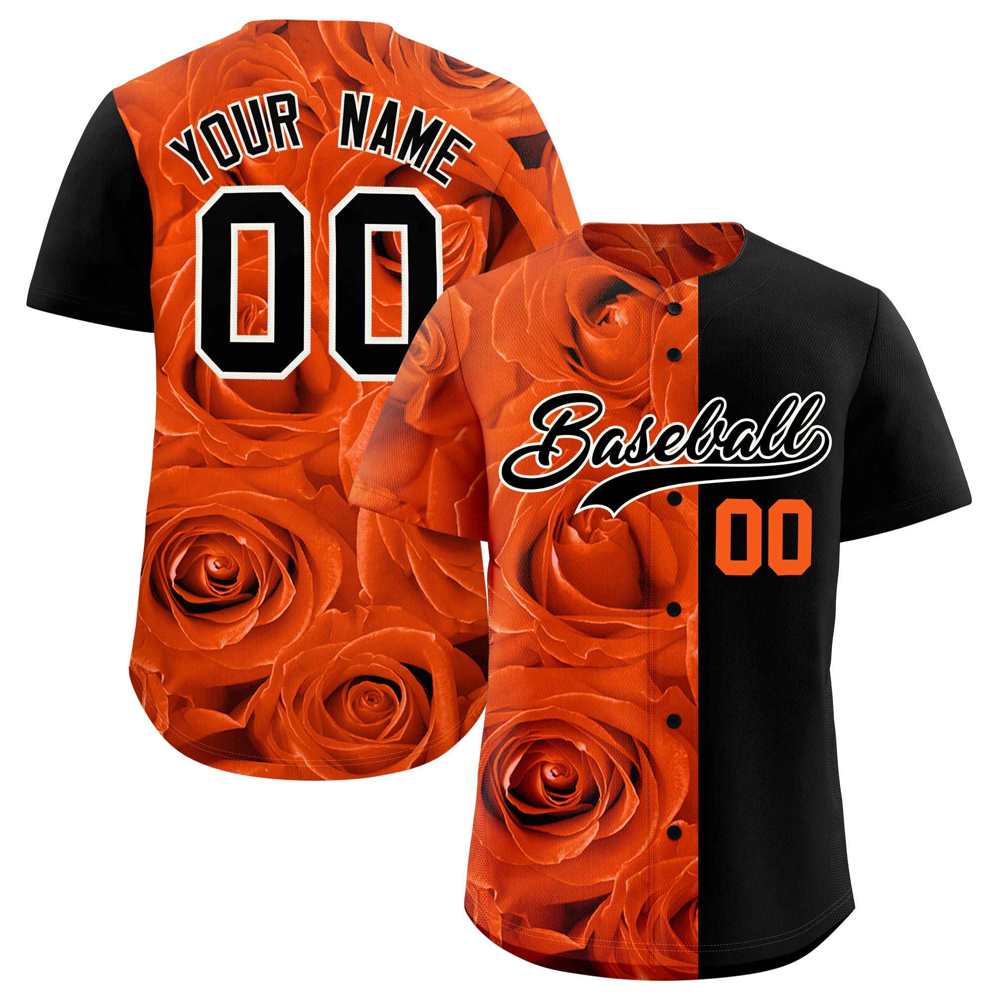 Custom Orange Black Split Rose Print Authentic Baseball Jersey| KXKSHOP