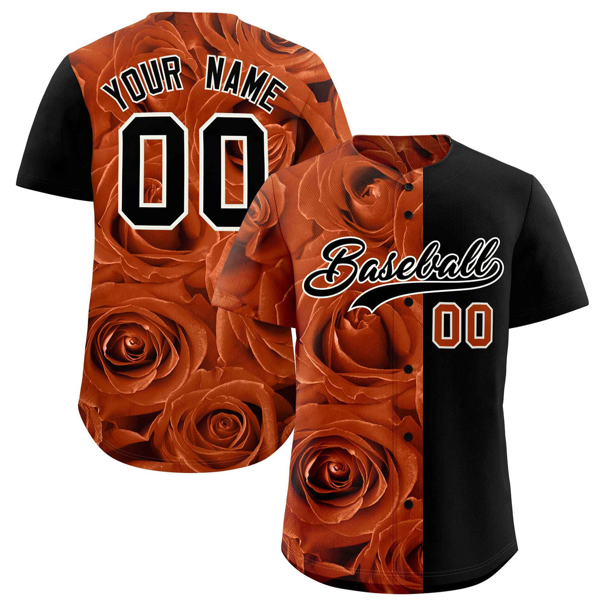 Custom Texas Orange Black Split Rose Print Authentic Baseball Jersey| KXKSHOP