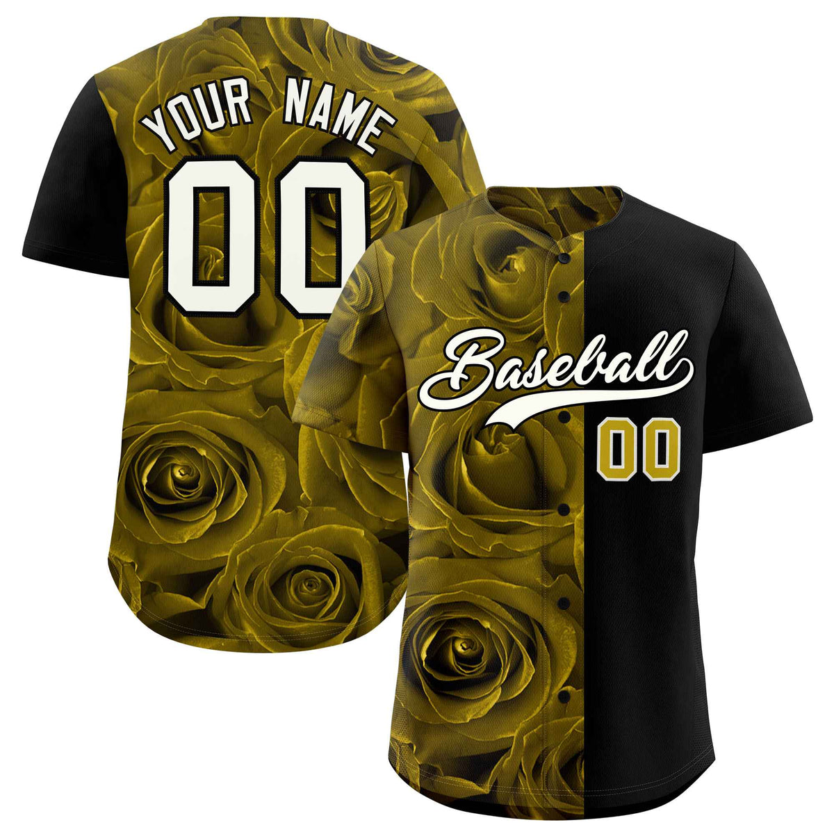 Custom Old Gold Black Split Rose Print Authentic Baseball Jersey| KXKSHOP