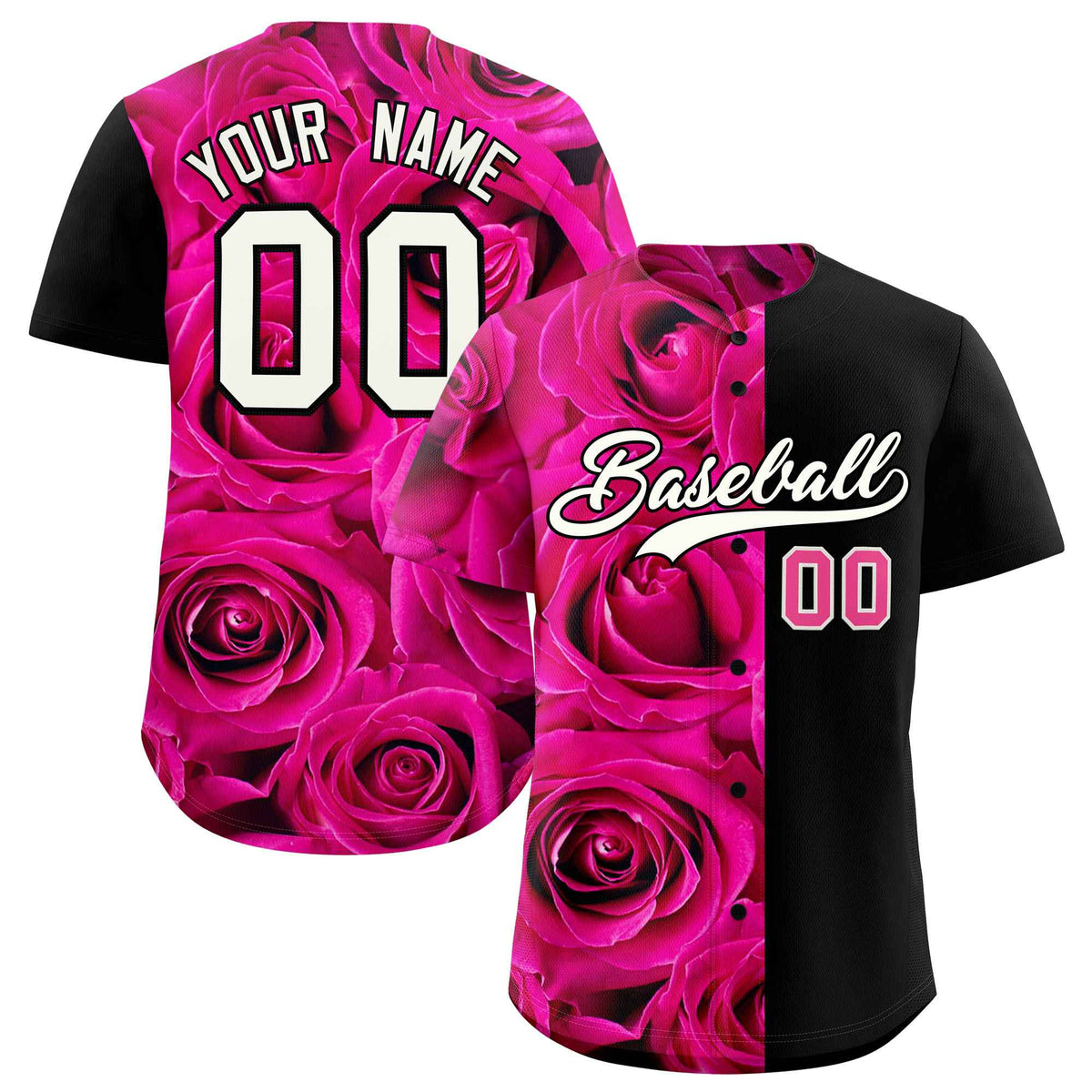 Custom Pink Black Split Rose Print Authentic Baseball Jersey| KXKSHOP