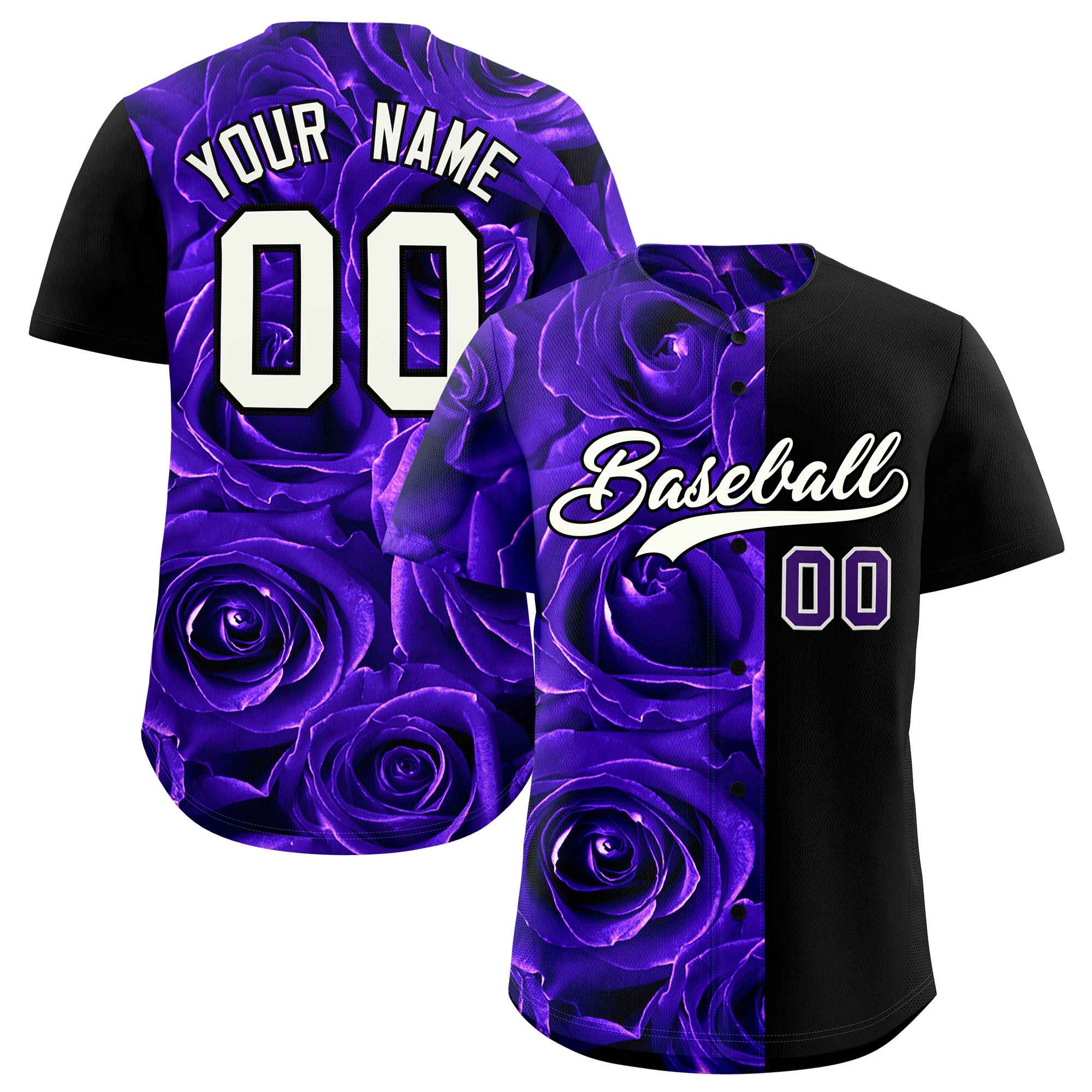 Custom Purple Black Split Rose Print Authentic Baseball Jersey| KXKSHOP