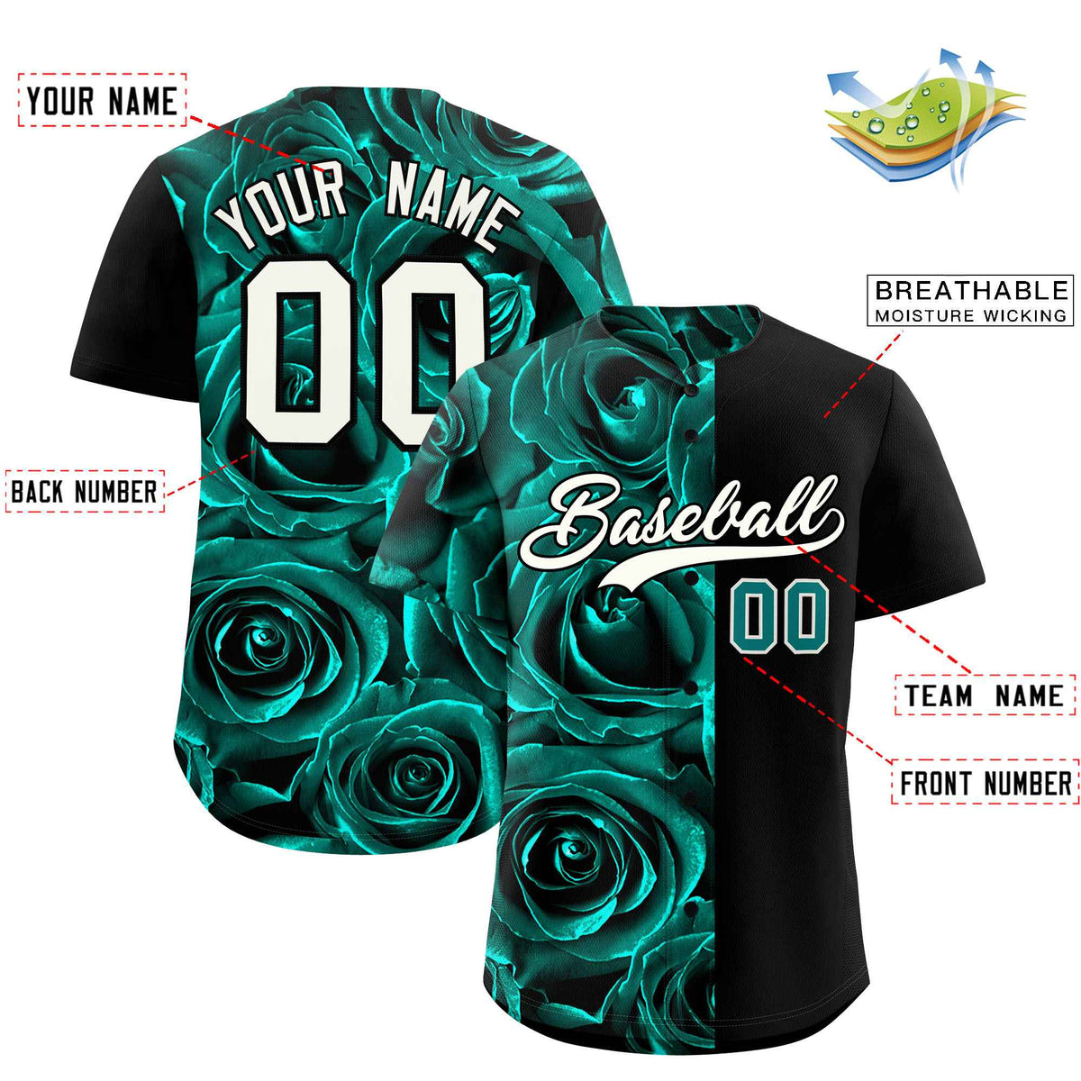 Custom Aqua Black Split Rose Print Authentic Baseball Jersey| KXKSHOP