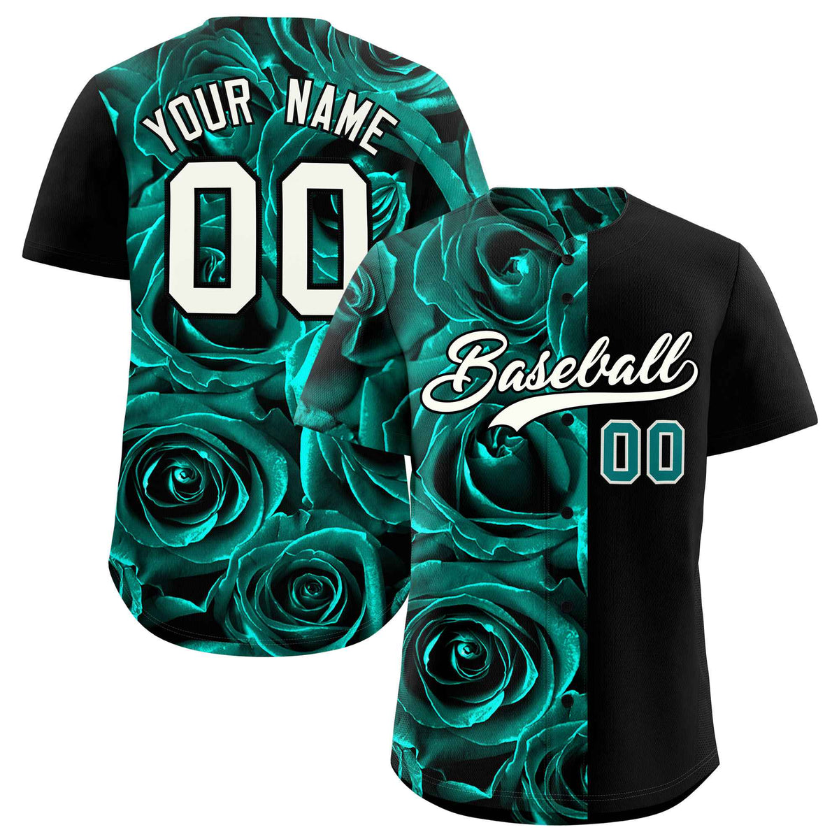 Custom Aqua Black Split Rose Print Authentic Baseball Jersey| KXKSHOP
