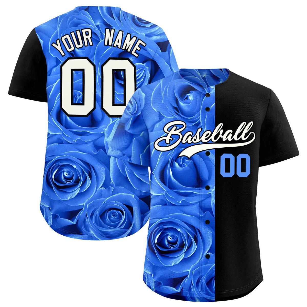 Custom Powder Blue Black Split Rose Print Authentic Baseball Jersey| KXKSHOP