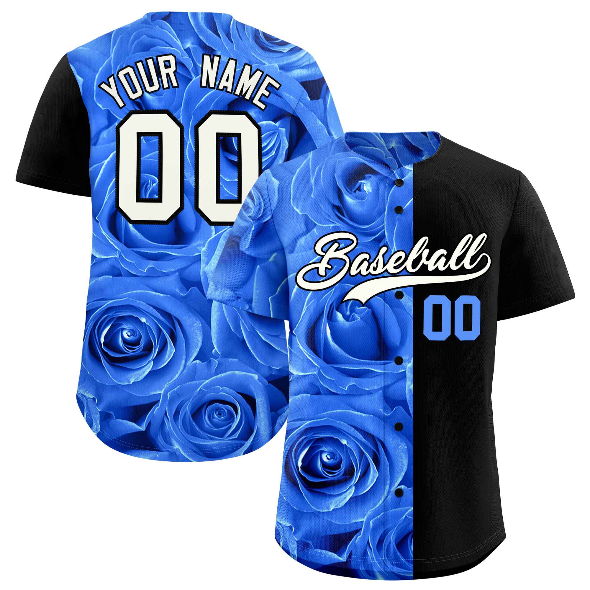 Custom Powder Blue Black Split Rose Print Authentic Baseball Jersey| KXKSHOP