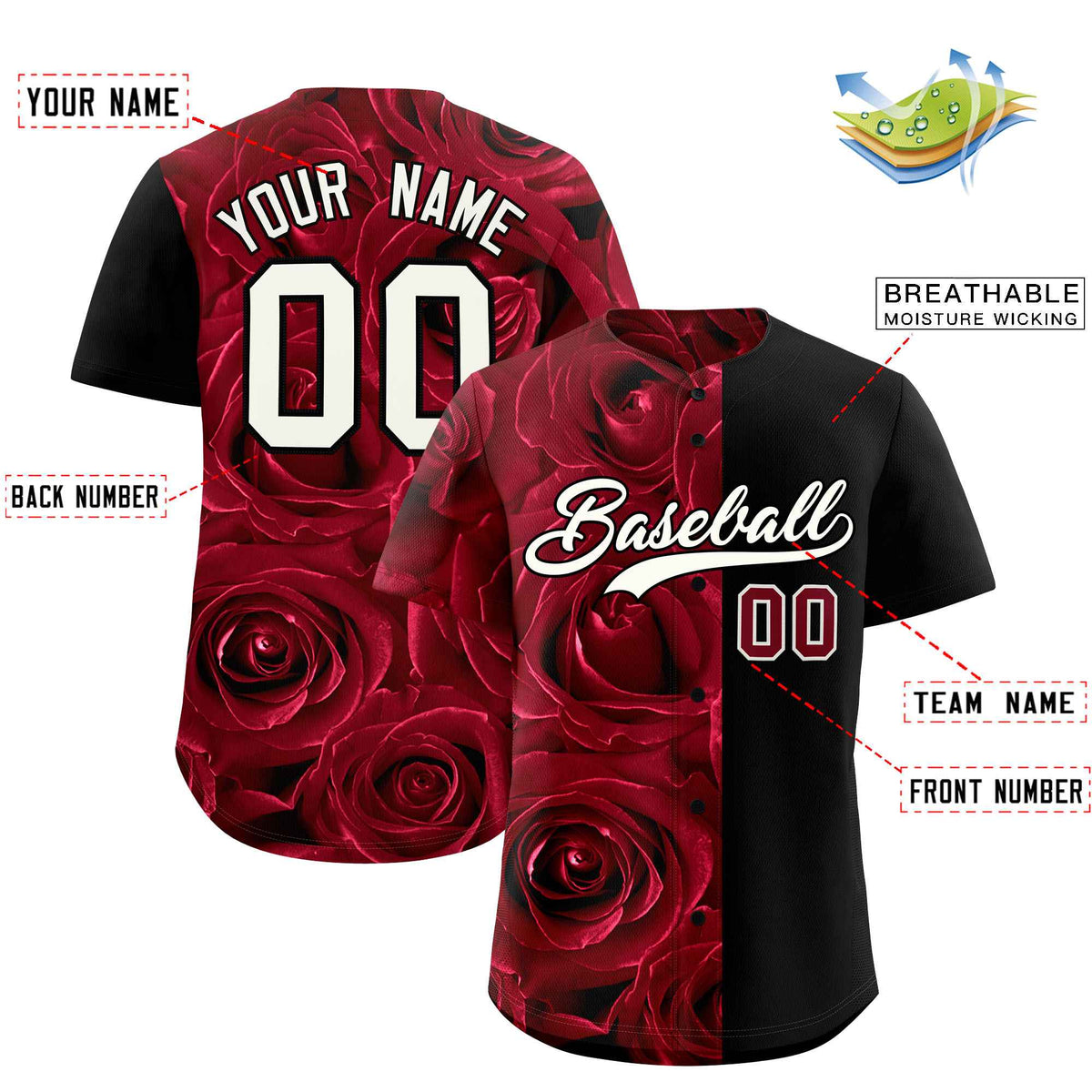 Custom Crimson Black Split Rose Print Authentic Baseball Jersey| KXKSHOP