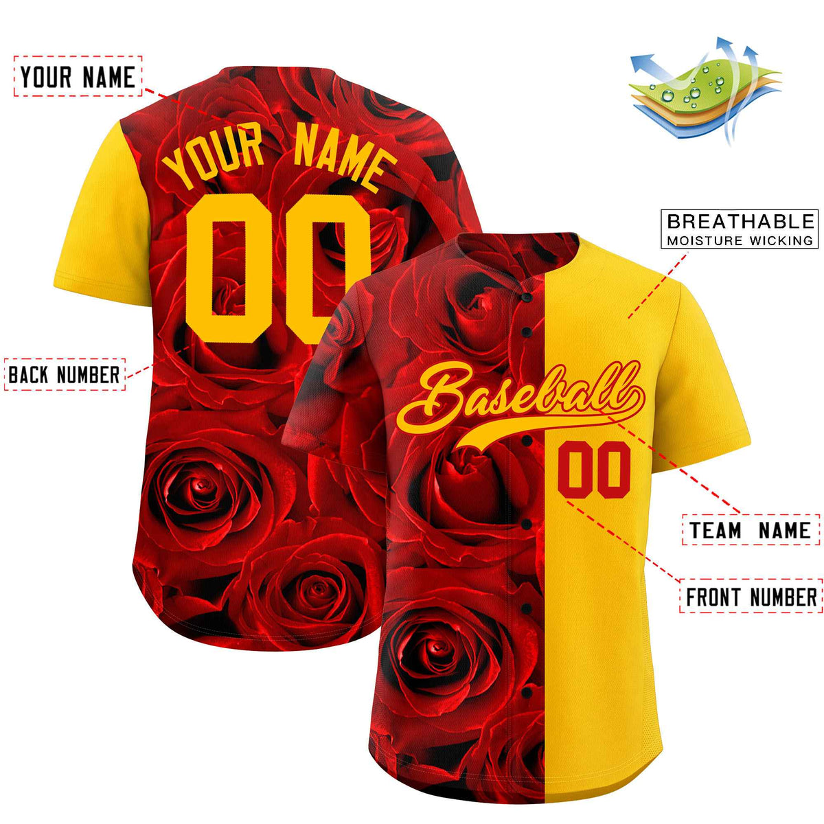 Custom Red Yellow Split Rose Print Authentic Baseball Jersey| KXKSHOP