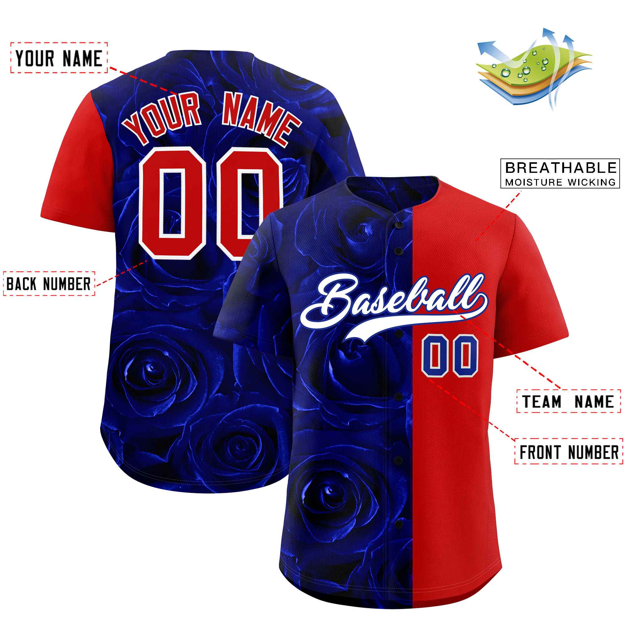 Custom Royal Red Split Rose Print Authentic Baseball Jersey| KXKSHOP
