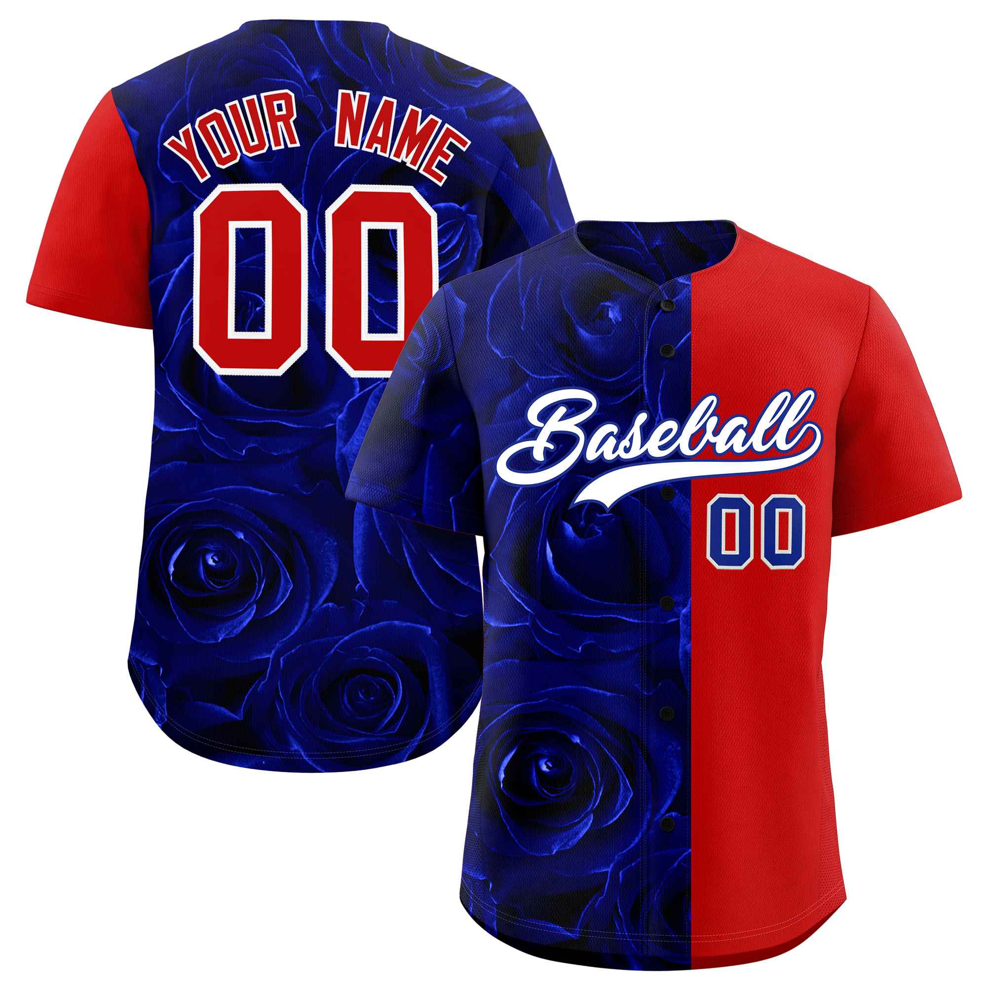 Custom Royal Red Split Rose Print Authentic Baseball Jersey| KXKSHOP