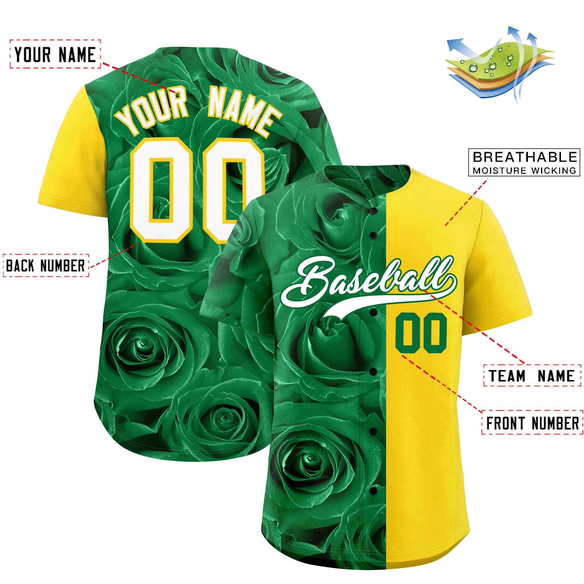 Custom Kelly Green Gold Split Rose Print Authentic Baseball Jersey| KXKSHOP