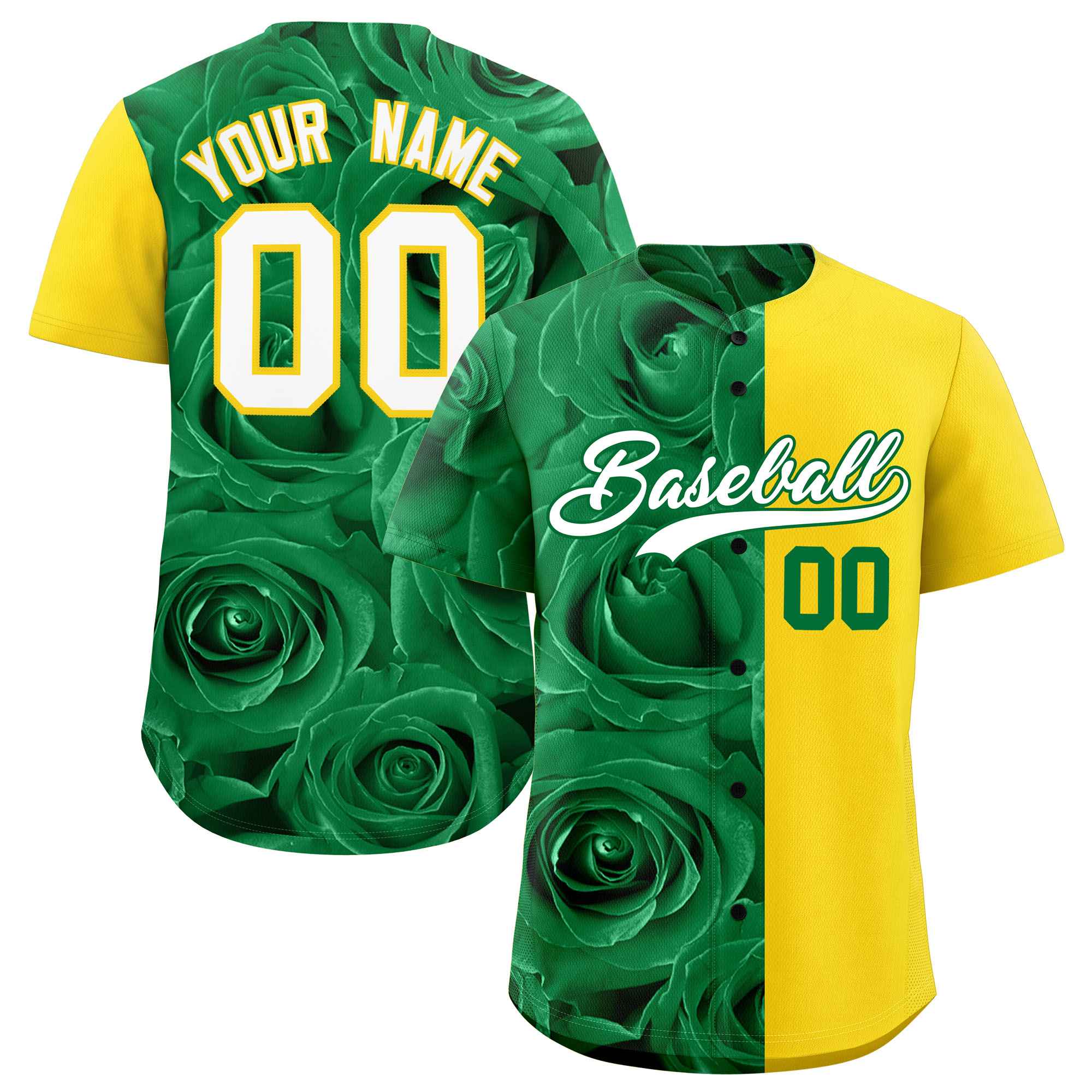 Custom Kelly Green Gold Split Rose Print Authentic Baseball Jersey| KXKSHOP