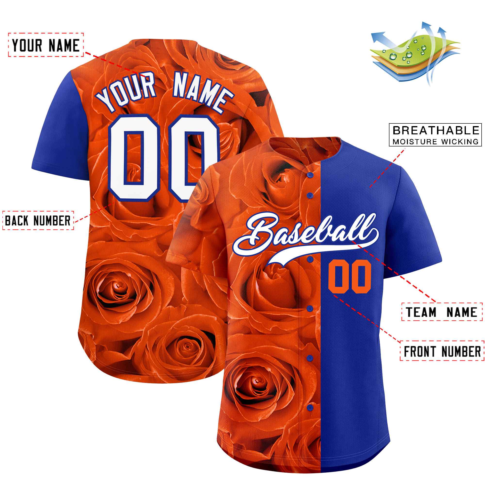 Custom Orange Royal Split Rose Print Authentic Baseball Jersey| KXKSHOP