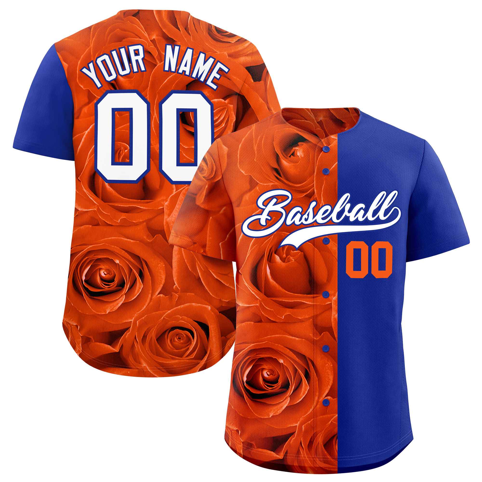 Custom Orange Royal Split Rose Print Authentic Baseball Jersey| KXKSHOP