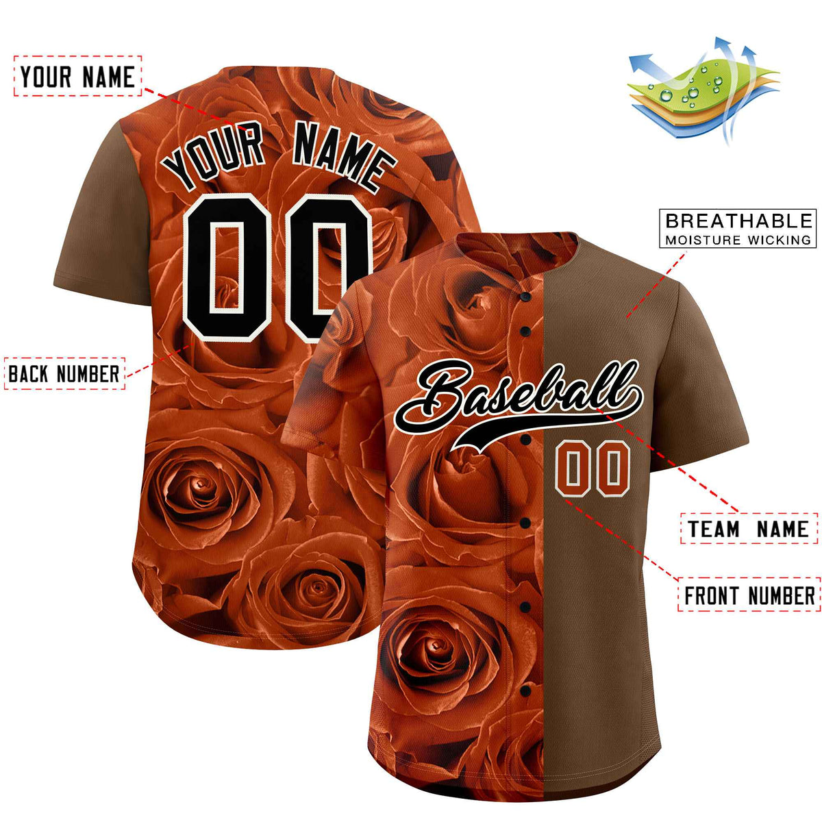 Custom Texas Orange Light Brown Split Rose Print Authentic Baseball Jersey| KXKSHOP