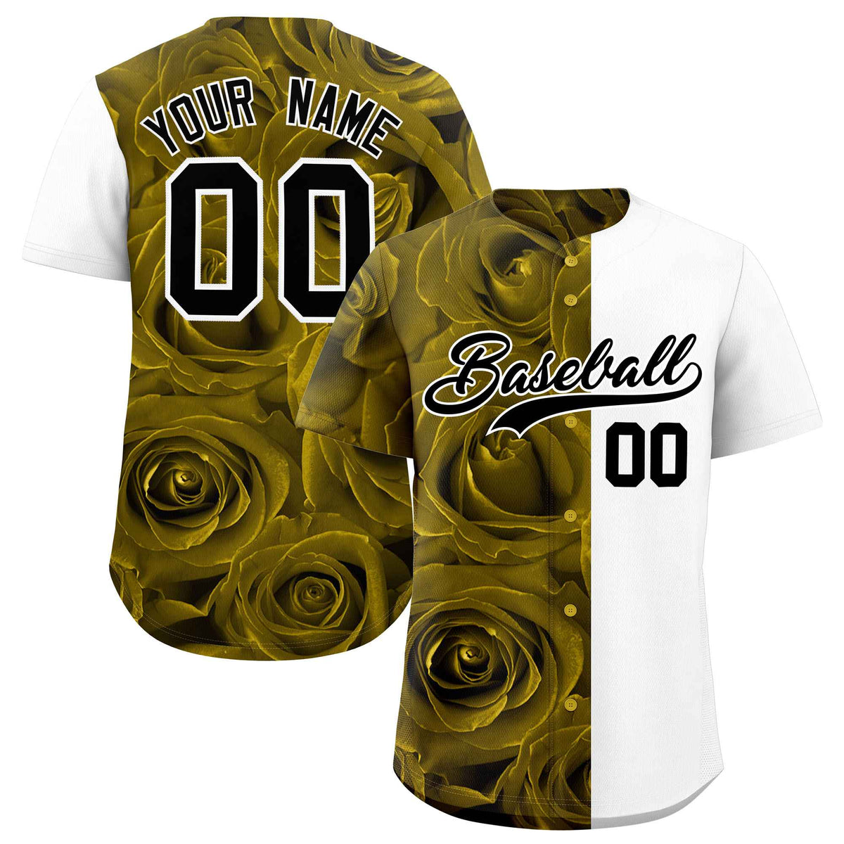 Custom Old Gold White Split Rose Print Authentic Baseball Jersey| KXKSHOP