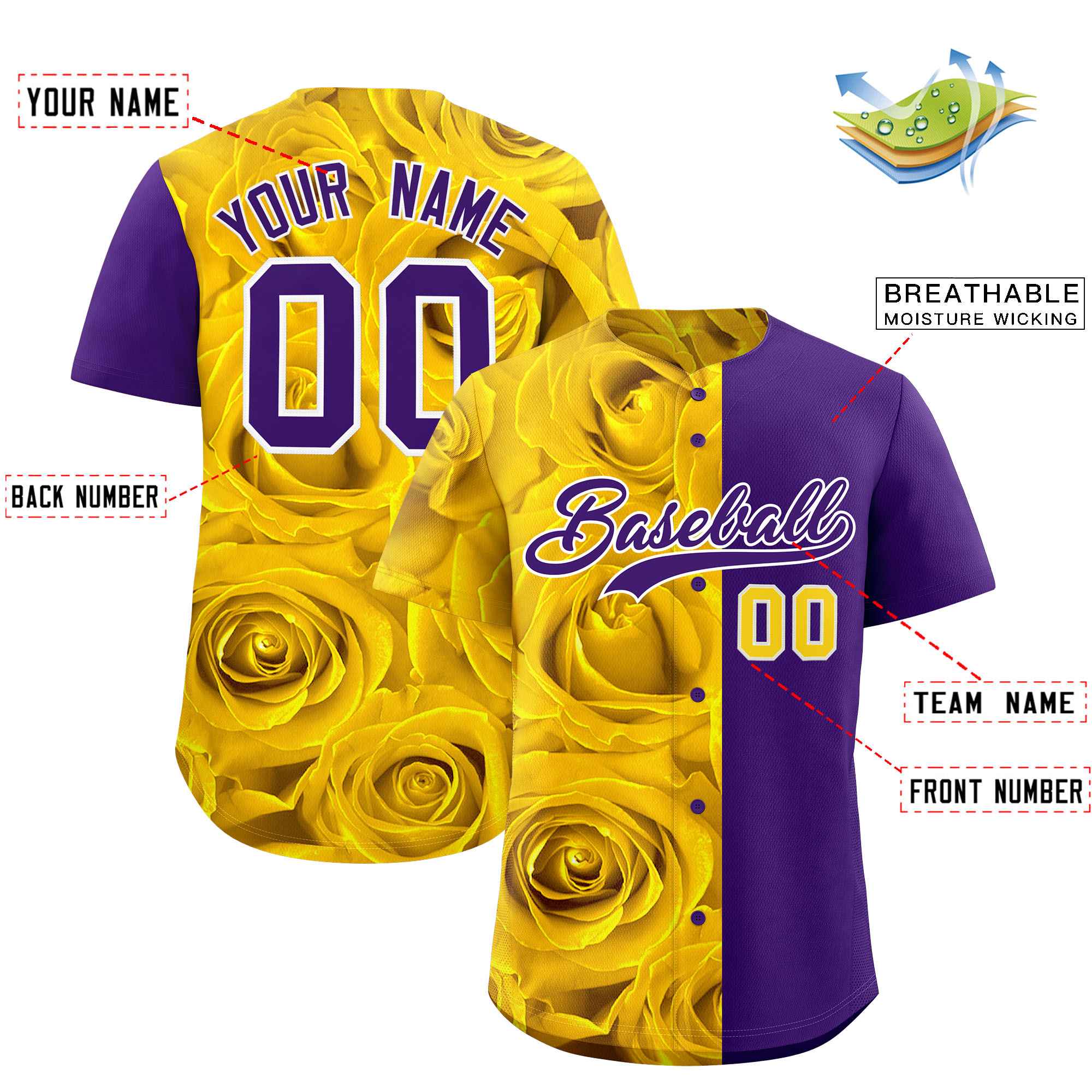 Custom Gold Purple Split Rose Print Authentic Baseball Jersey| KXKSHOP