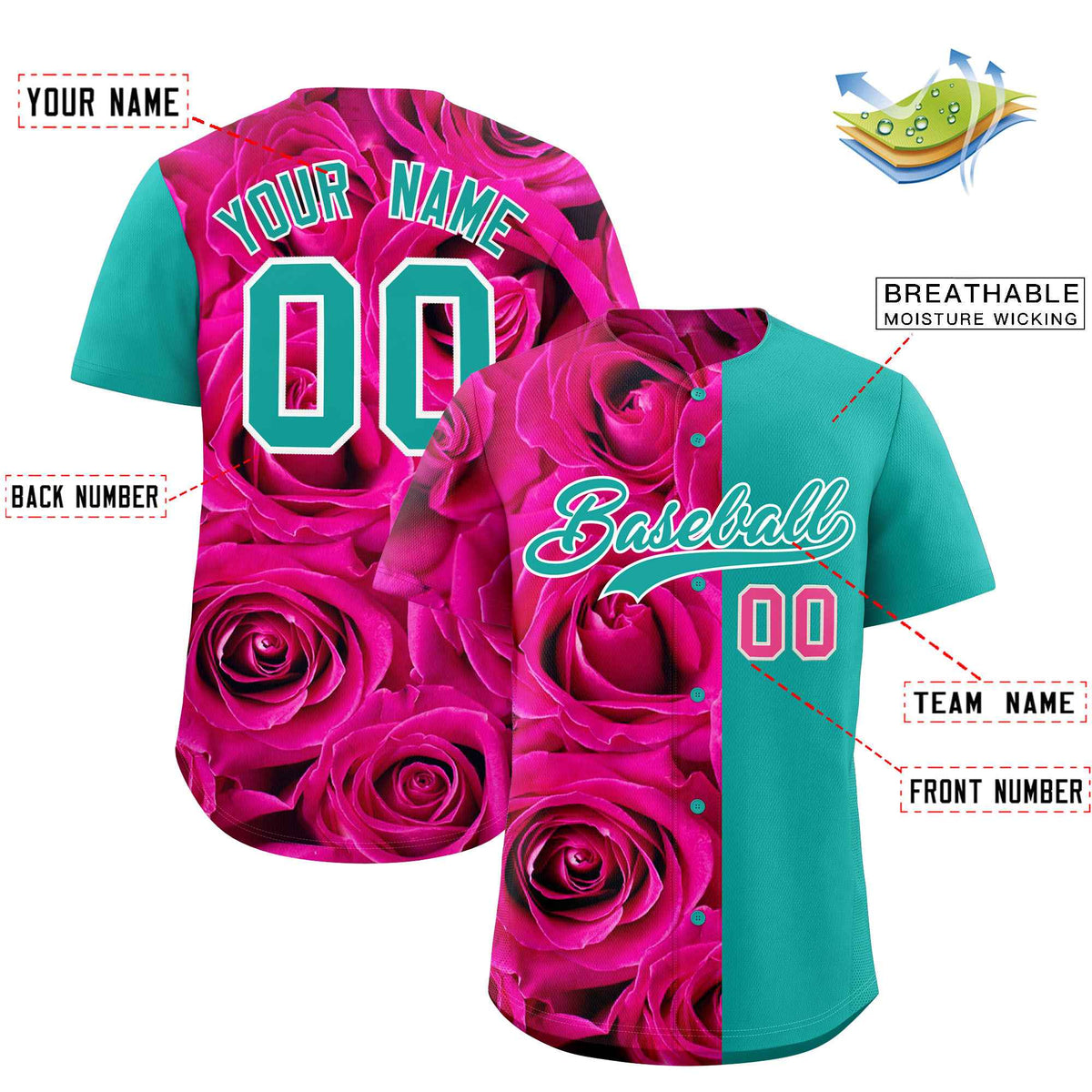 Custom Pink Aqua Split Rose Print Authentic Baseball Jersey| KXKSHOP