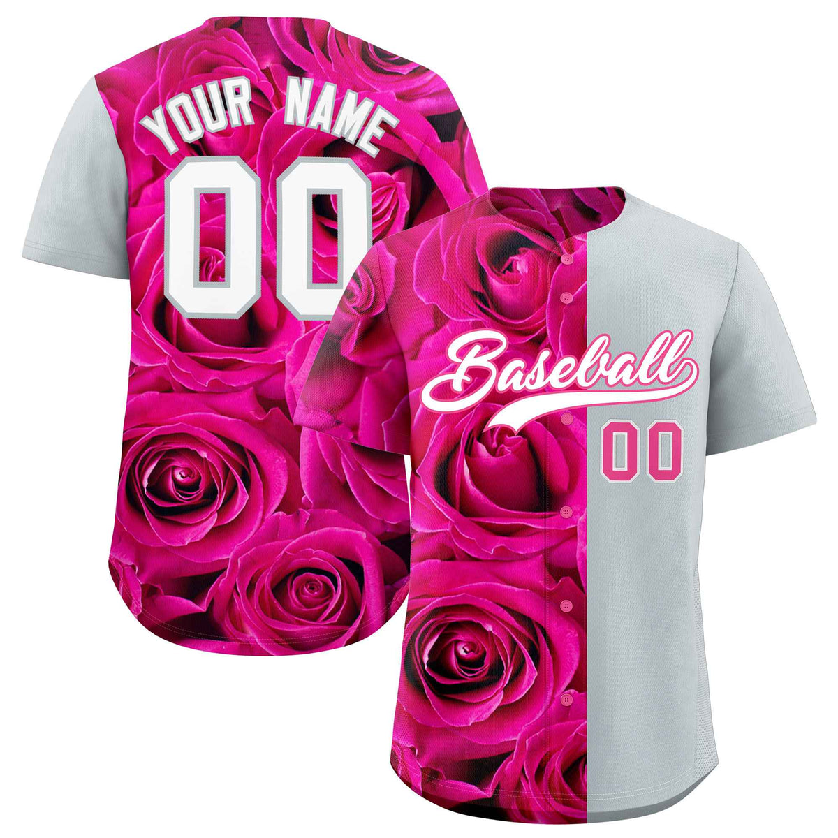 Custom Pink Silver Split Rose Print Authentic Baseball Jersey| KXKSHOP