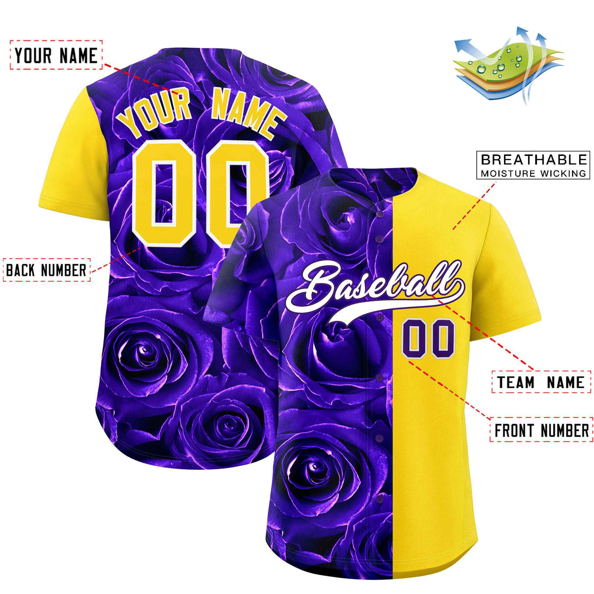 Custom Purple Gold Split Rose Print Authentic Baseball Jersey| KXKSHOP