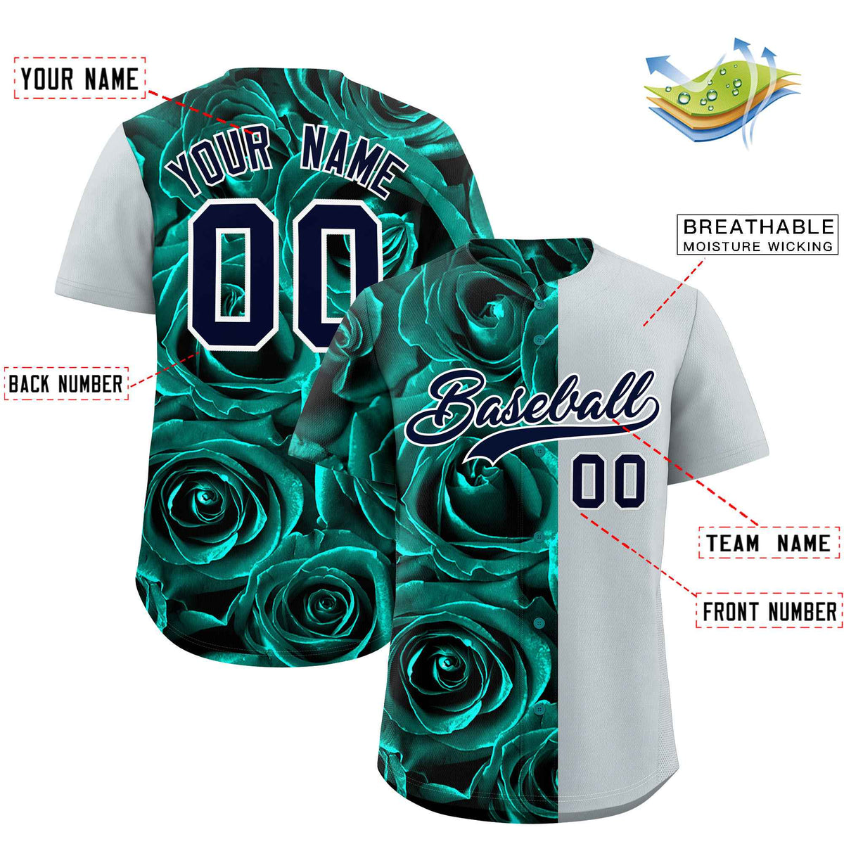 Custom Aqua Silver Split Rose Print Authentic Baseball Jersey| KXKSHOP