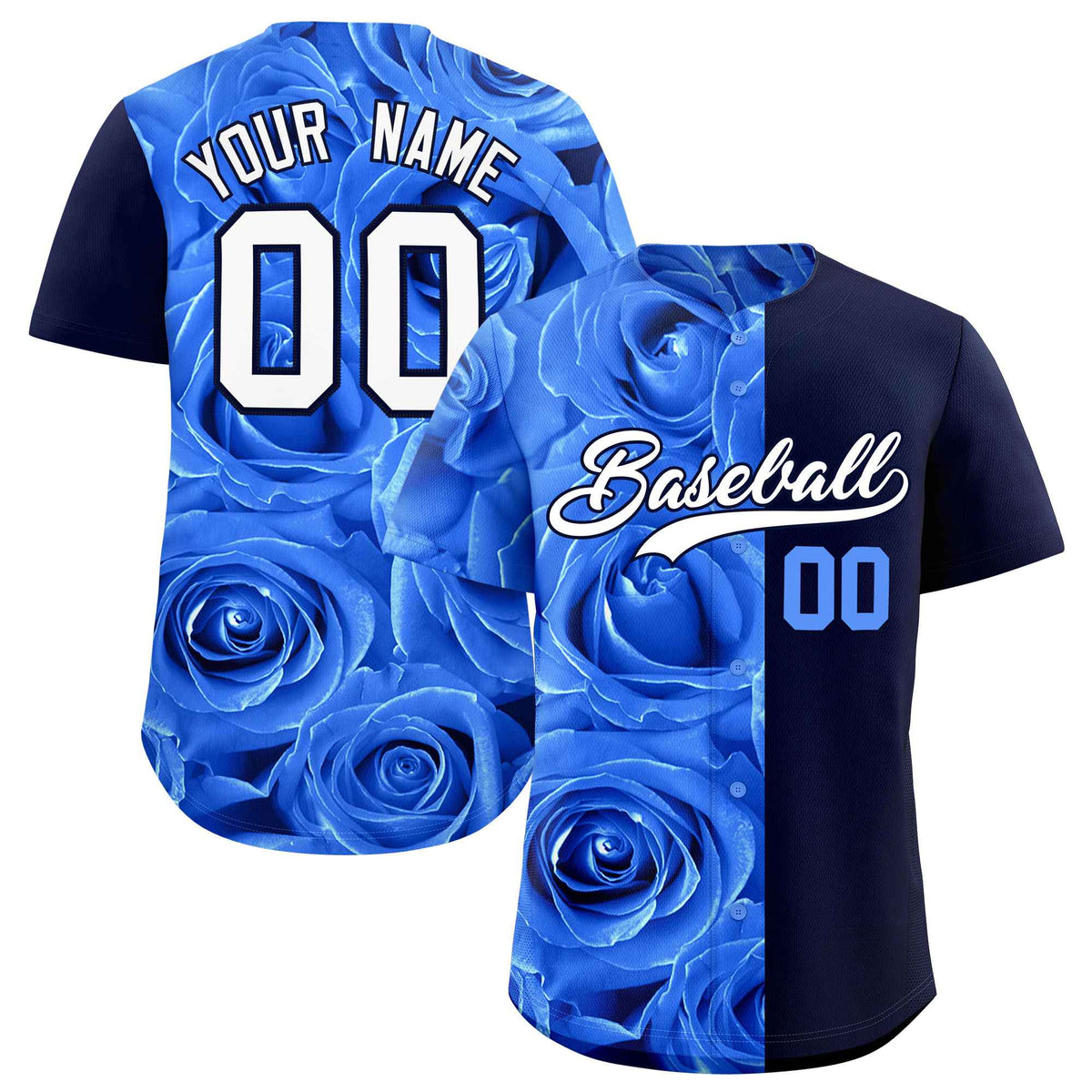 Custom Powder Blue Navy Split Rose Print Authentic Baseball Jersey| KXKSHOP