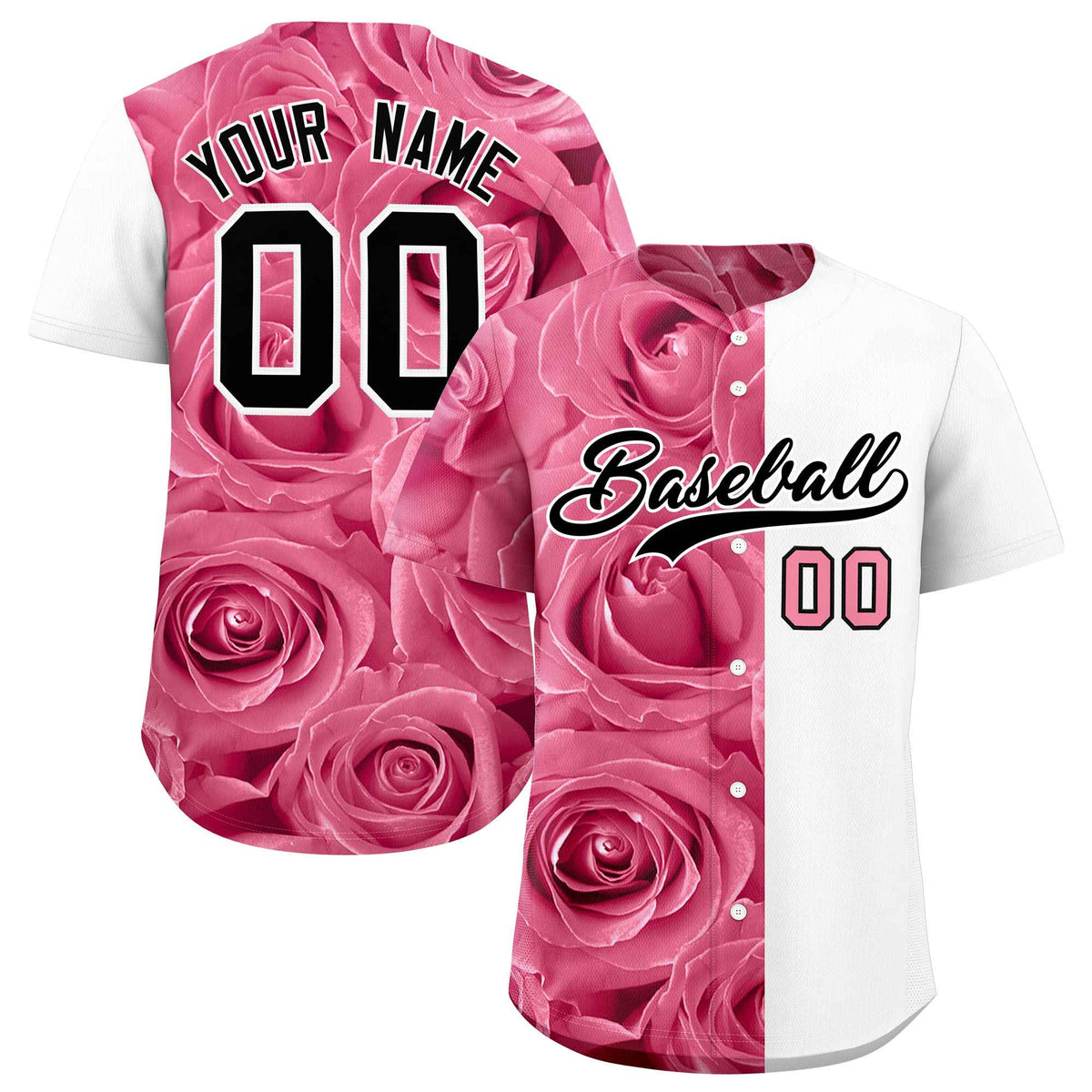 Custom Light Pink White Split Rose Print Authentic Baseball Jersey| KXKSHOP