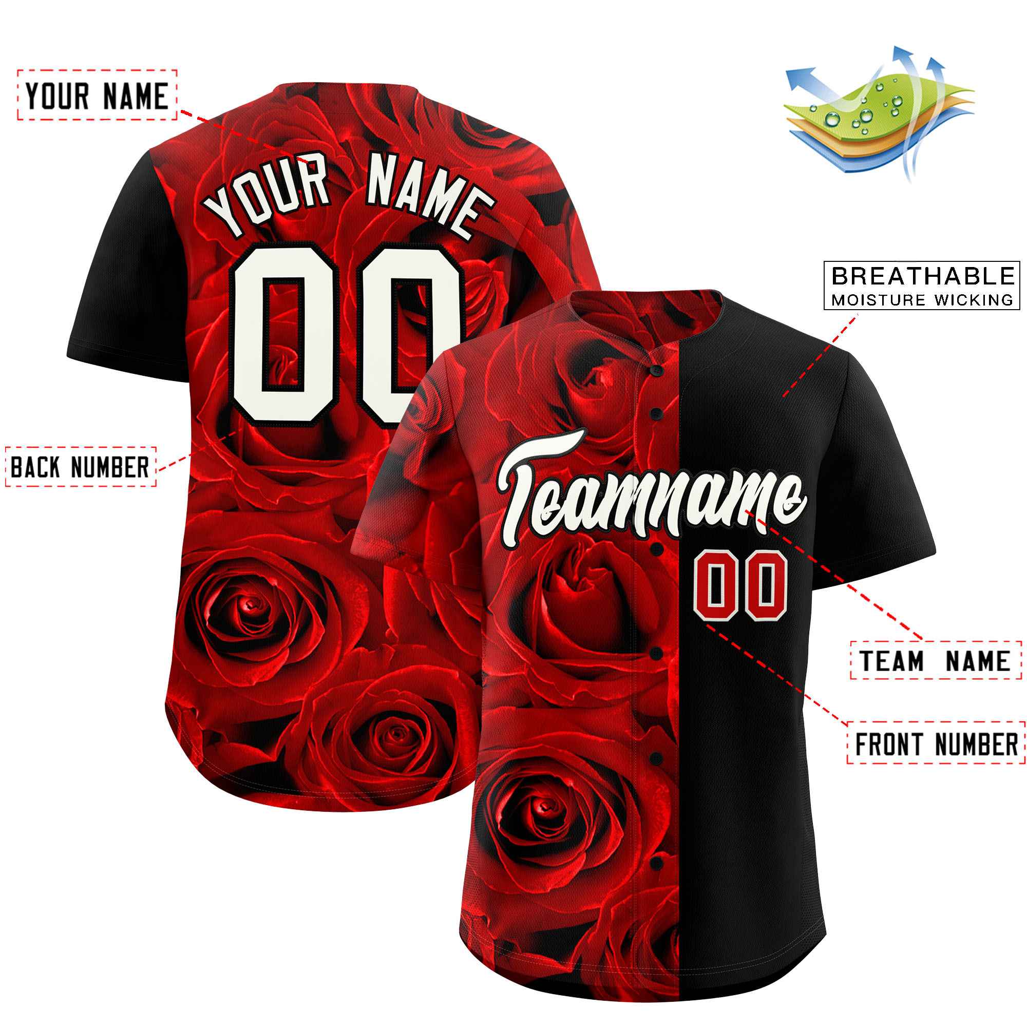 Custom Red Black Split Rose Print Authentic Baseball Jersey| KXKSHOP