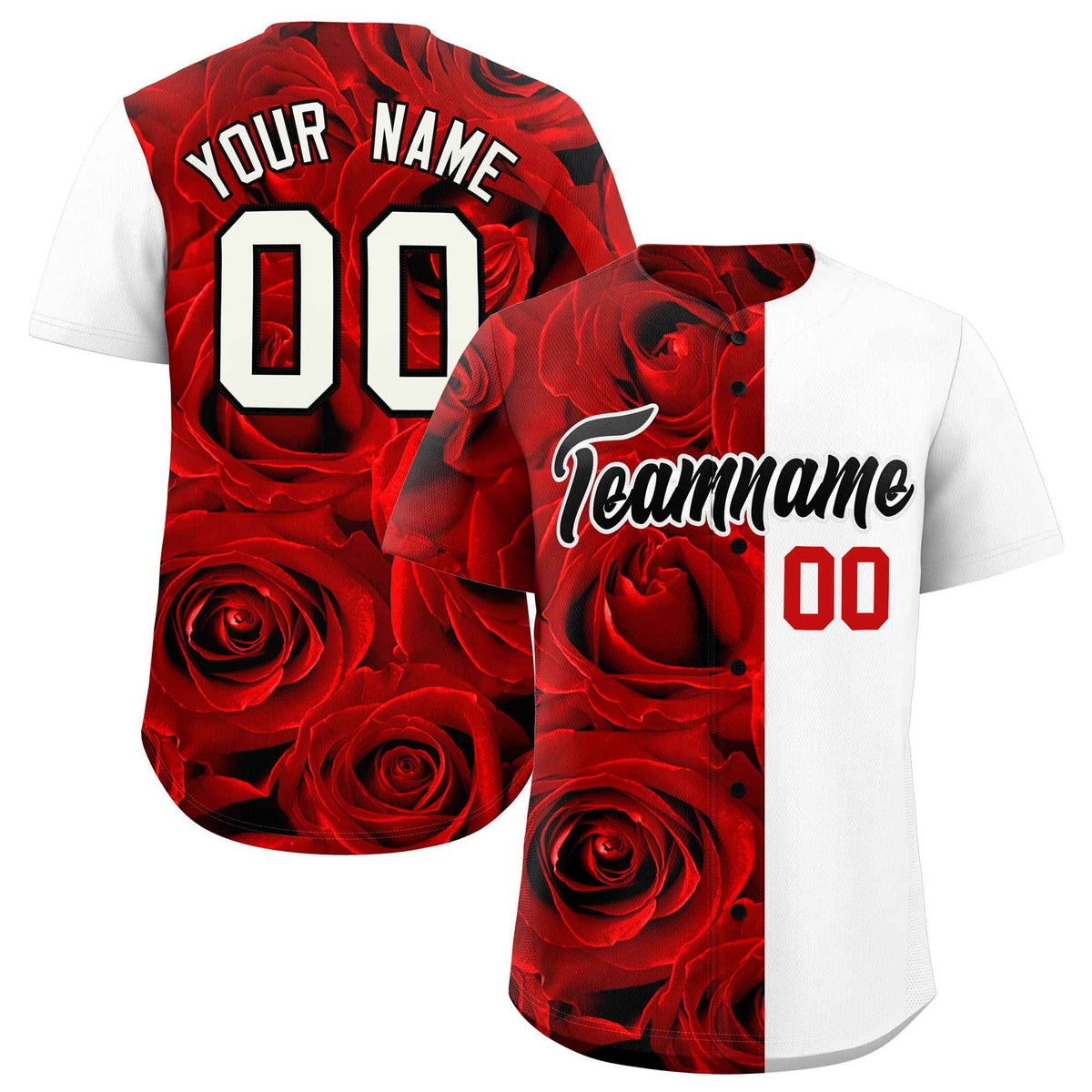 Custom Red White Split Rose Print Authentic Baseball Jersey| KXKSHOP