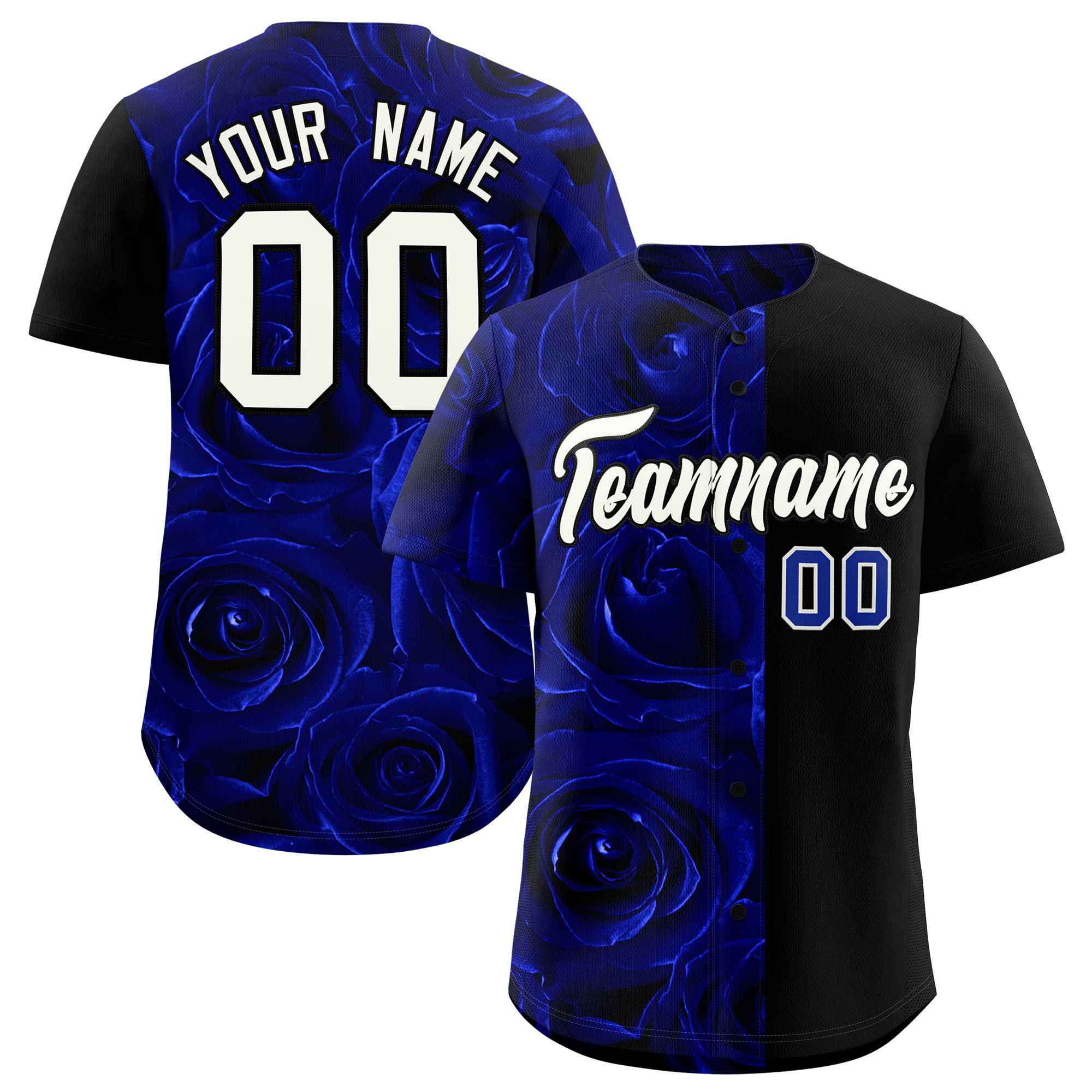 Custom Royal Black Split Rose Print Authentic Baseball Jersey| KXKSHOP