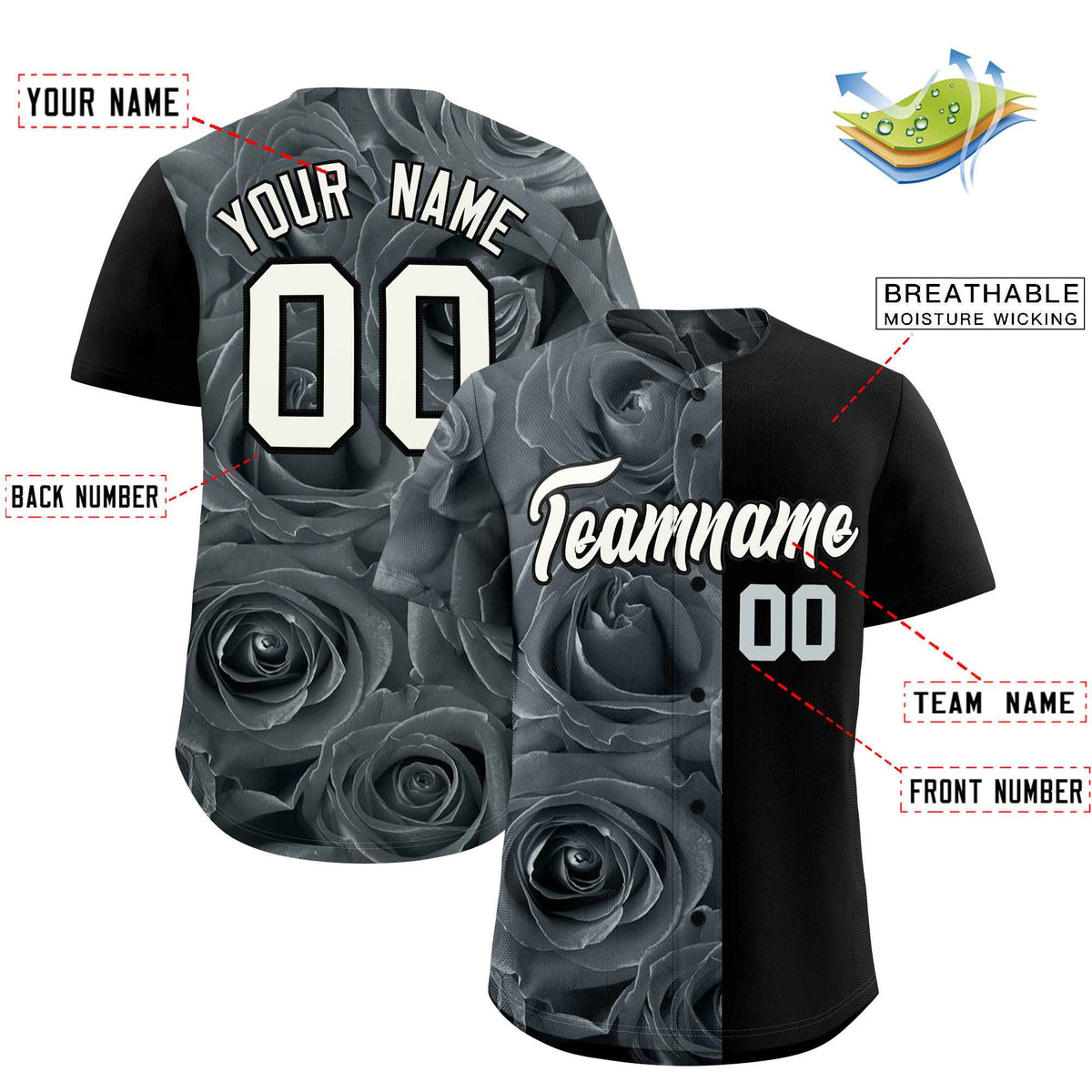 Custom Silver Black Split Rose Print Authentic Baseball Jersey| KXKSHOP