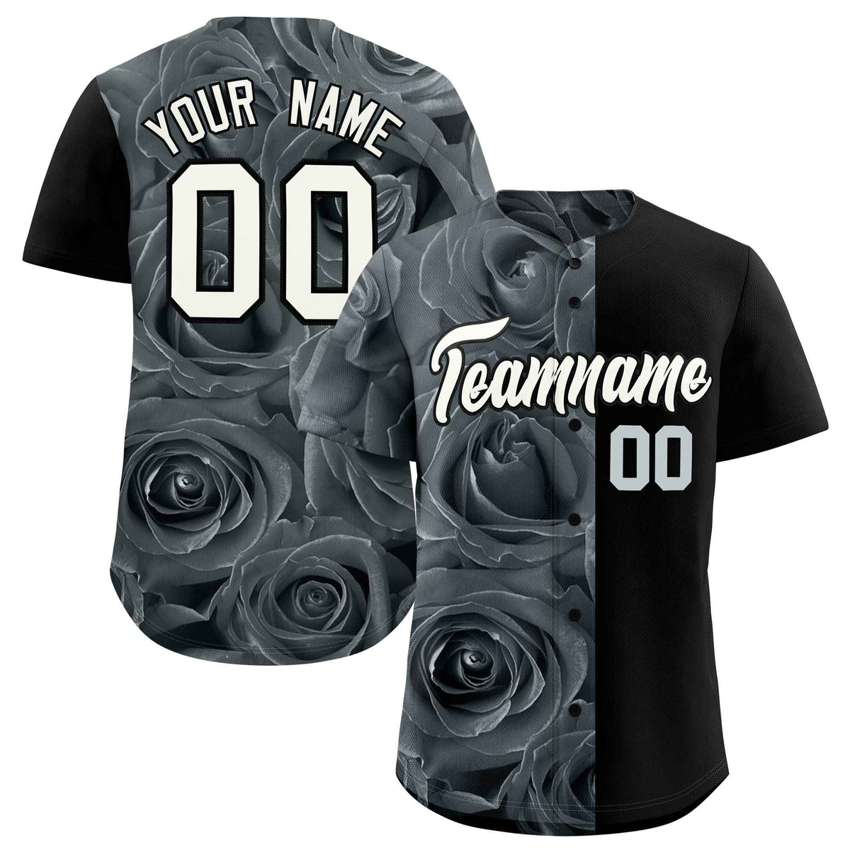 Custom Silver Black Split Rose Print Authentic Baseball Jersey| KXKSHOP