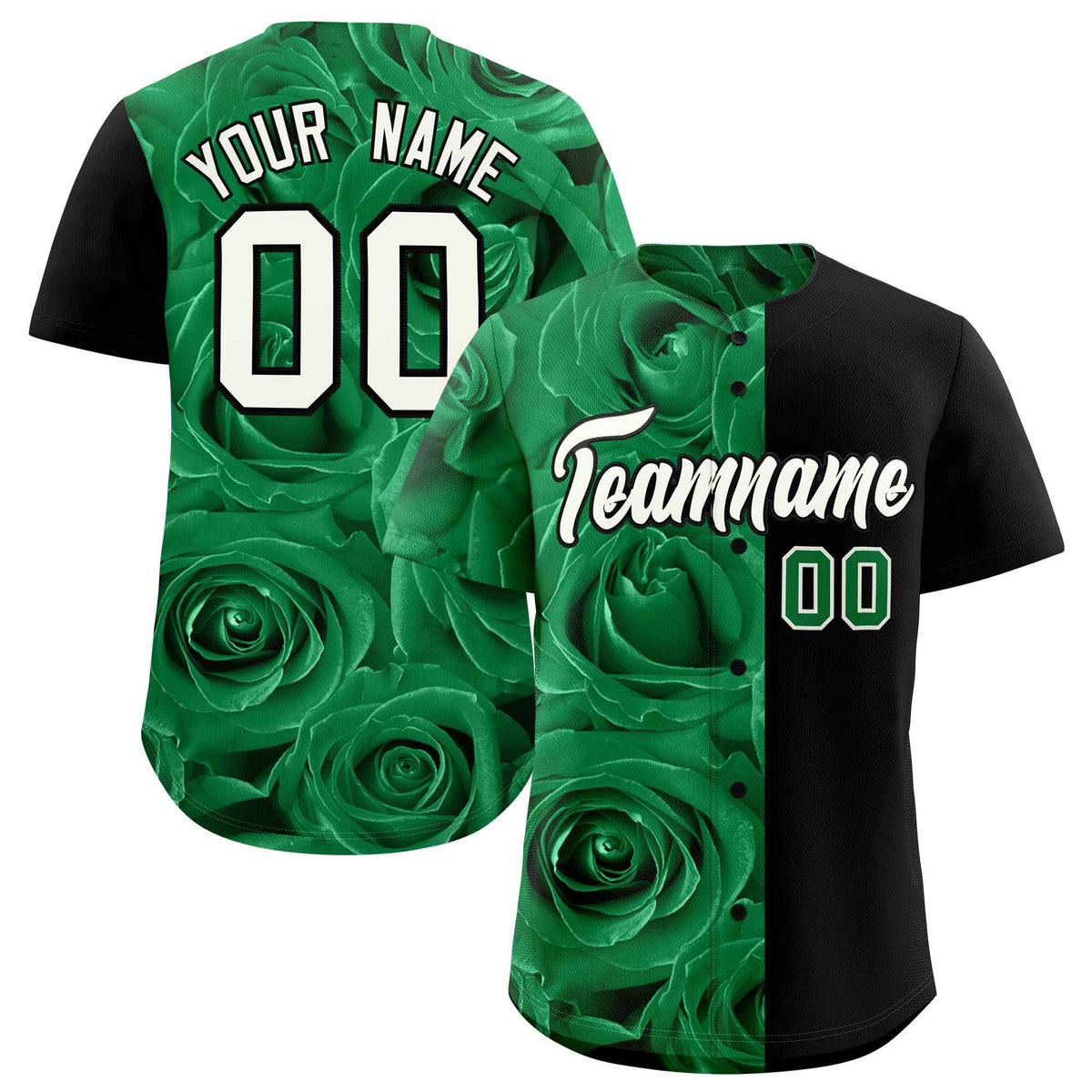 Custom Kelly Green Black Split Rose Print Authentic Baseball Jersey| KXKSHOP