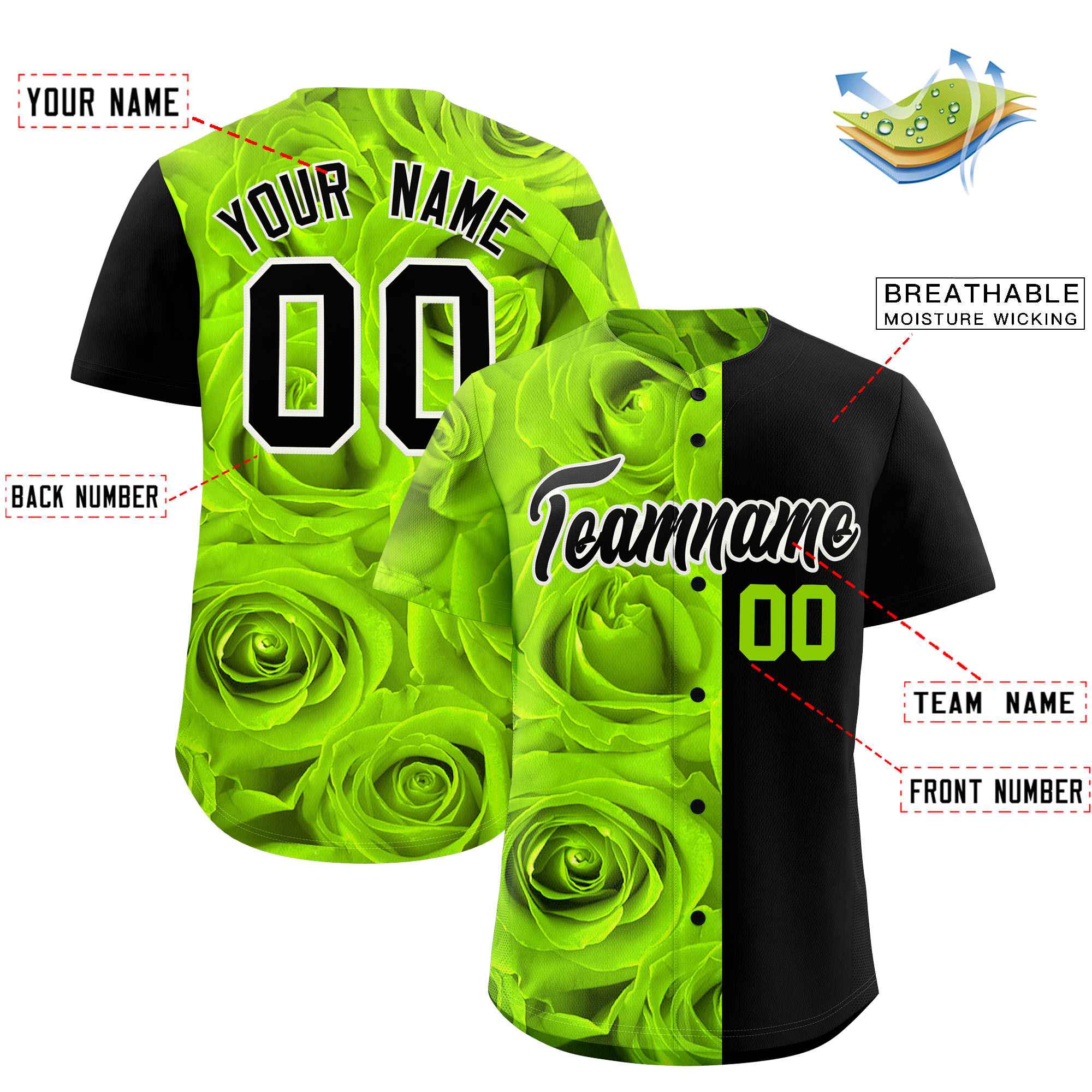 Custom Neon Green Black Split Rose Print Authentic Baseball Jersey| KXKSHOP